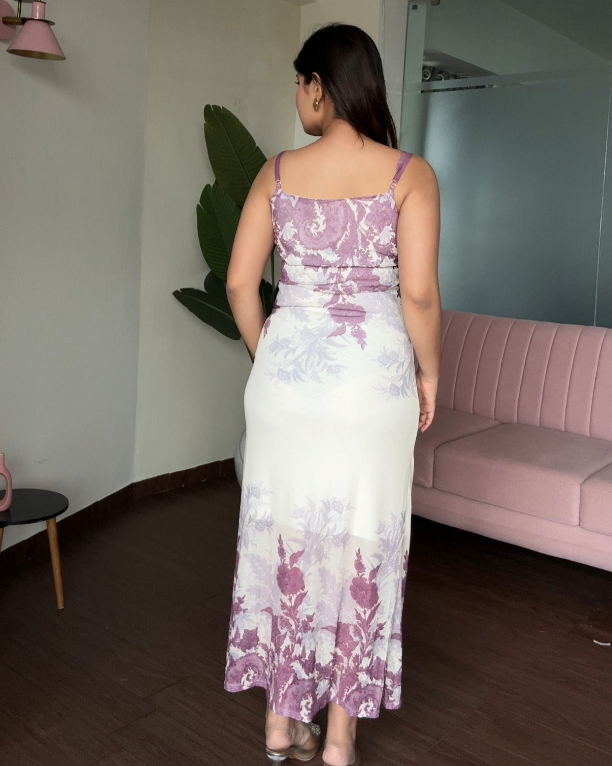 Printed Lace Neckline Mesh Dress With Shrug