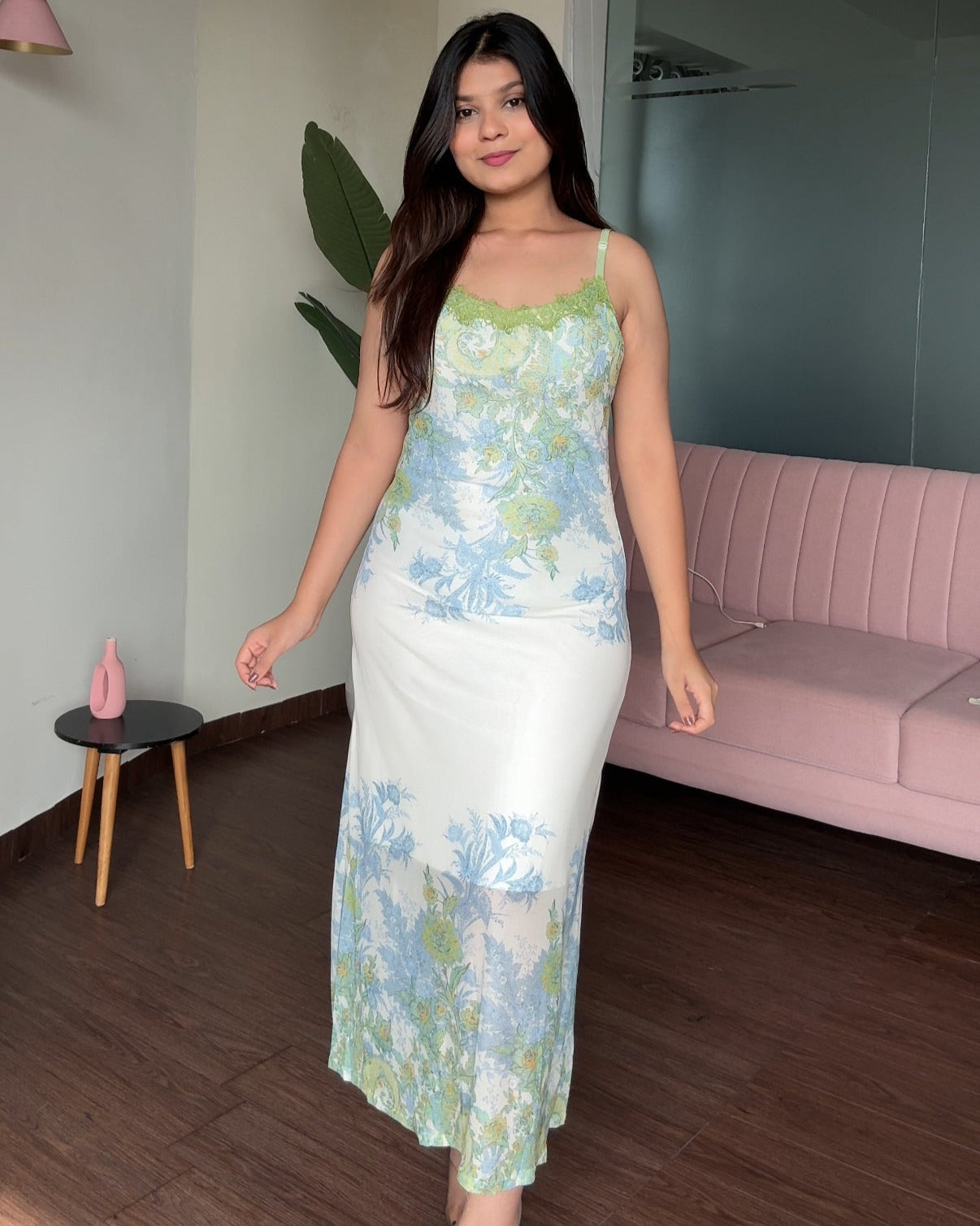 Printed Lace Neckline Mesh Dress With Shrug