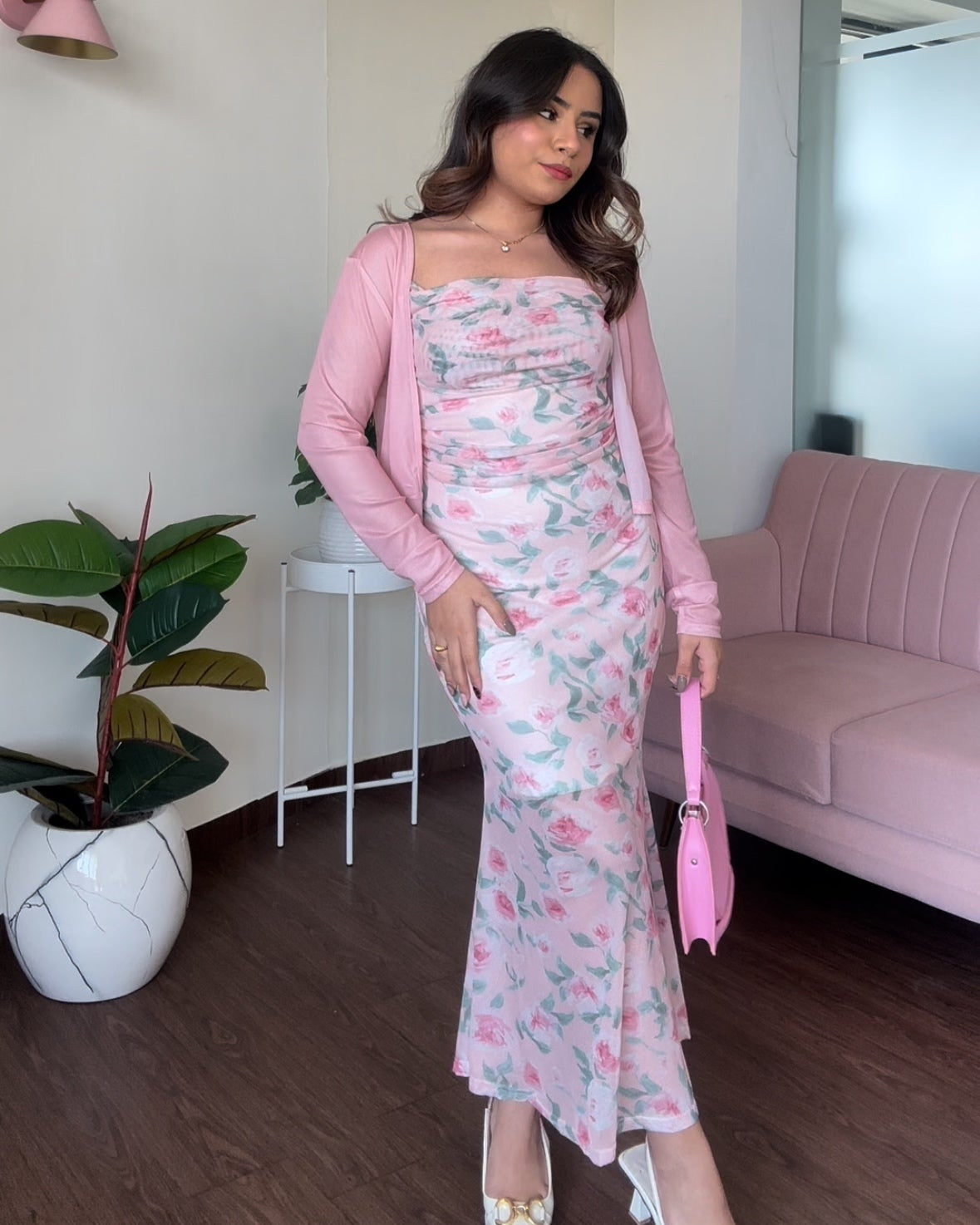 Printed Mesh Dress With Shrug