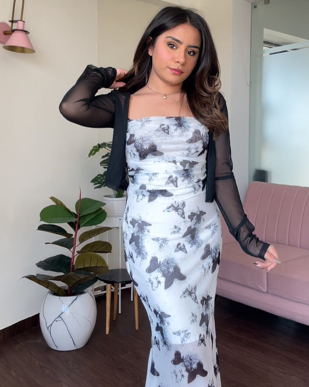 Printed Mesh Dress With Shrug