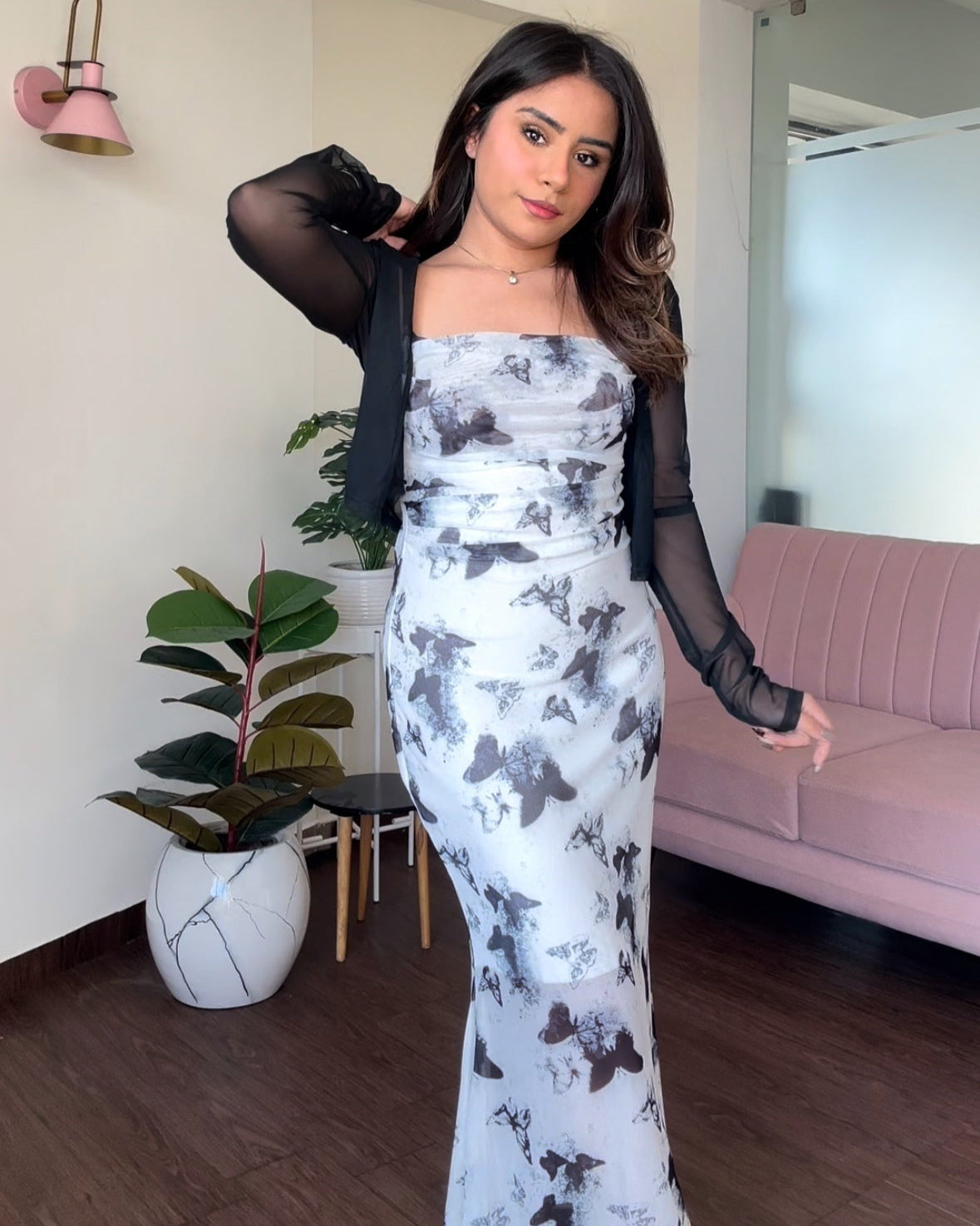 Printed Mesh Dress With Shrug