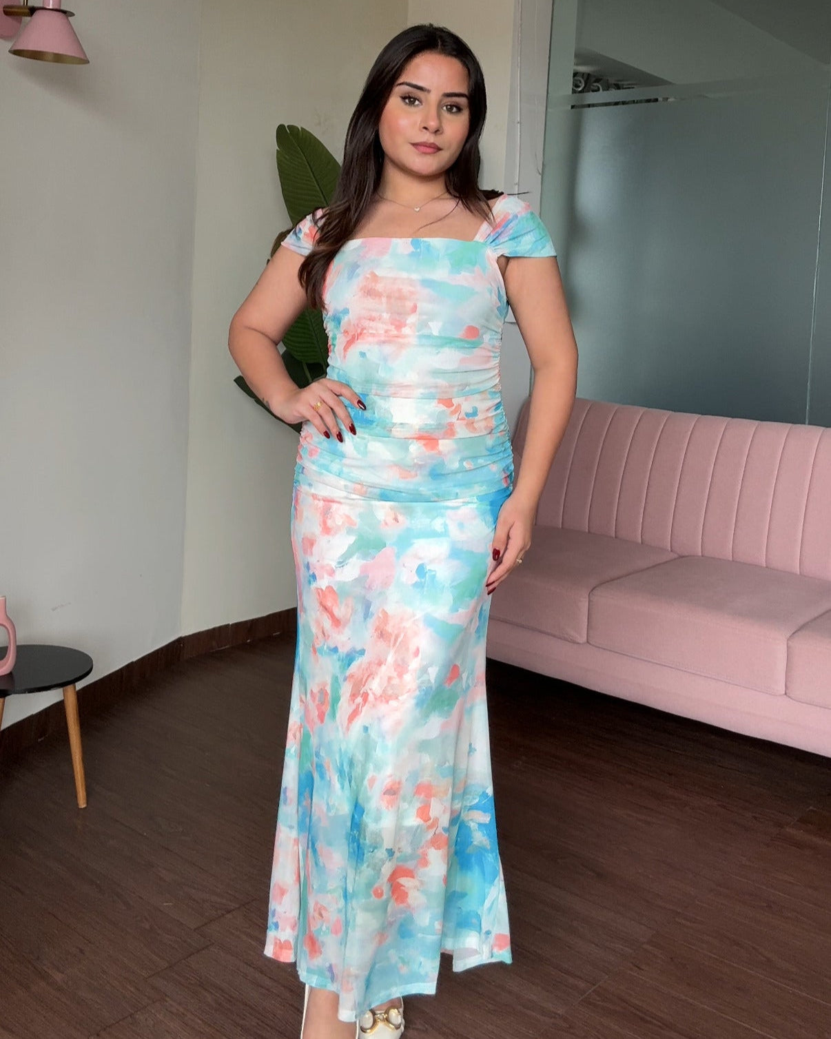 Printed Mesh Floral Midi Dress