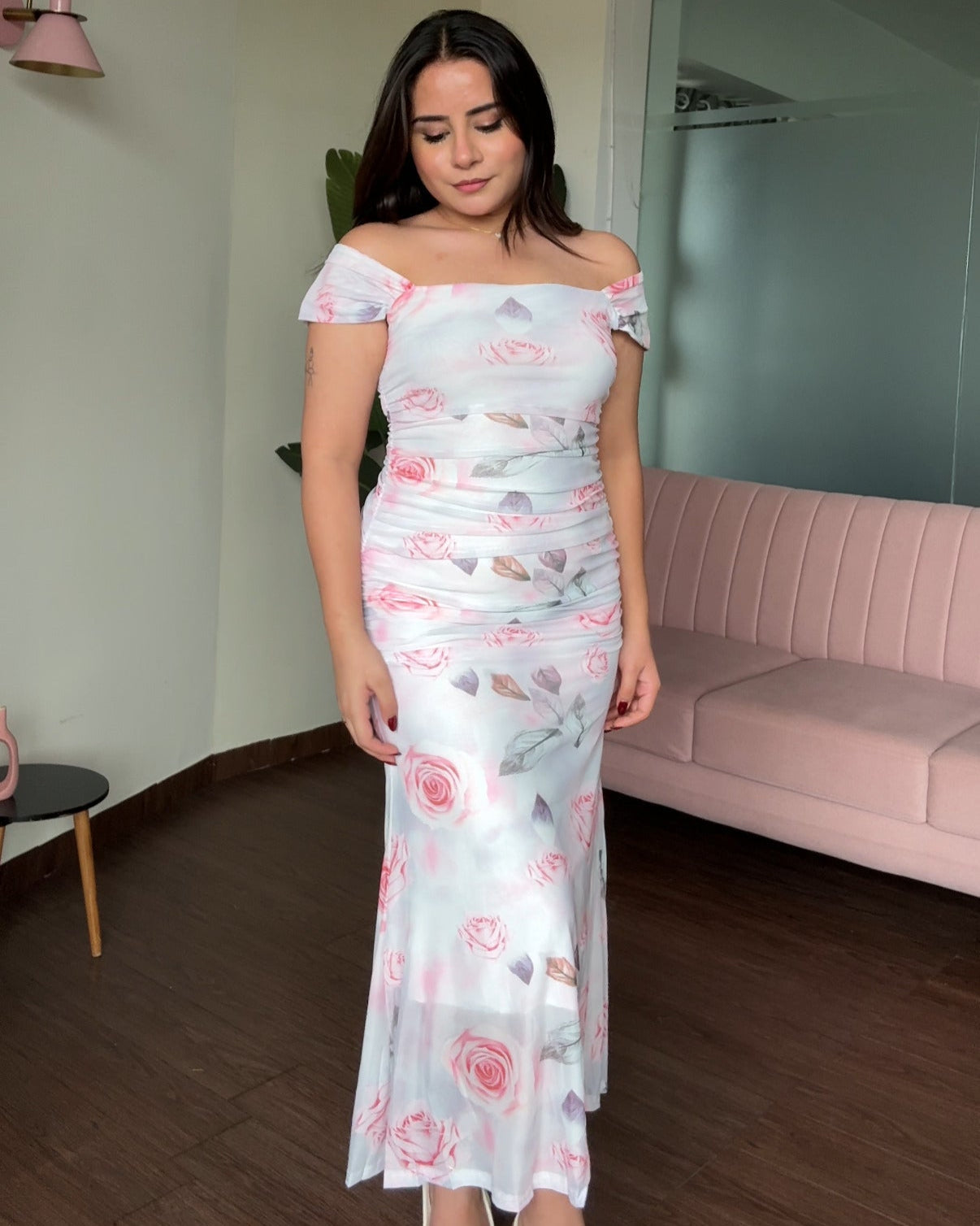 Printed Mesh Floral Midi Dress