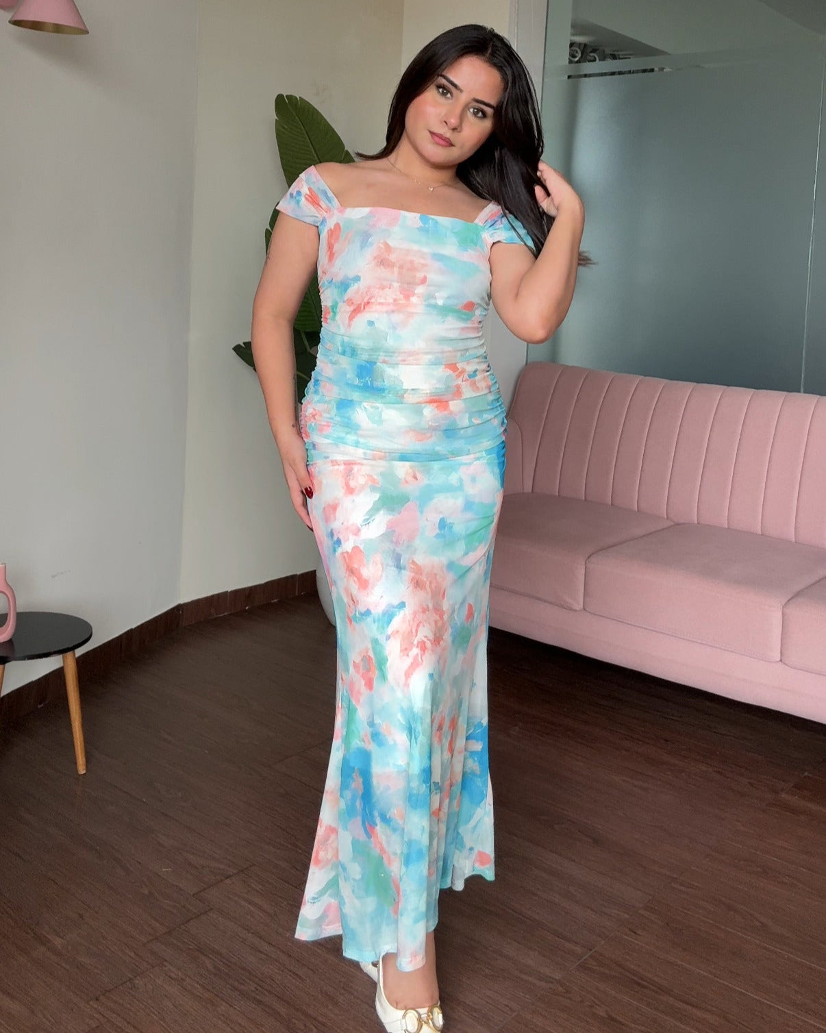 Printed Mesh Floral Midi Dress