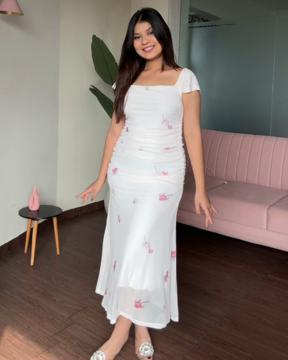 Printed Mesh Floral Midi Dress