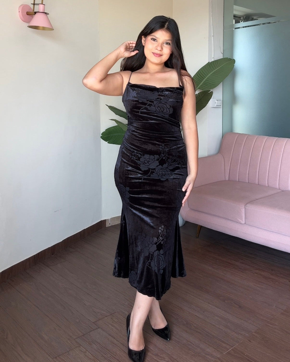 Printed Velvet Fitted Midi Dress
