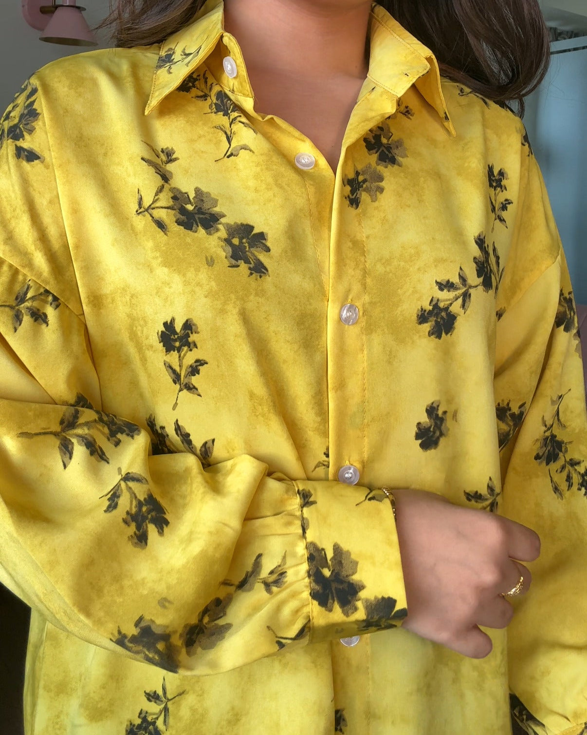 Printed Yellow Floral Crepe Full Sleeves Shirt