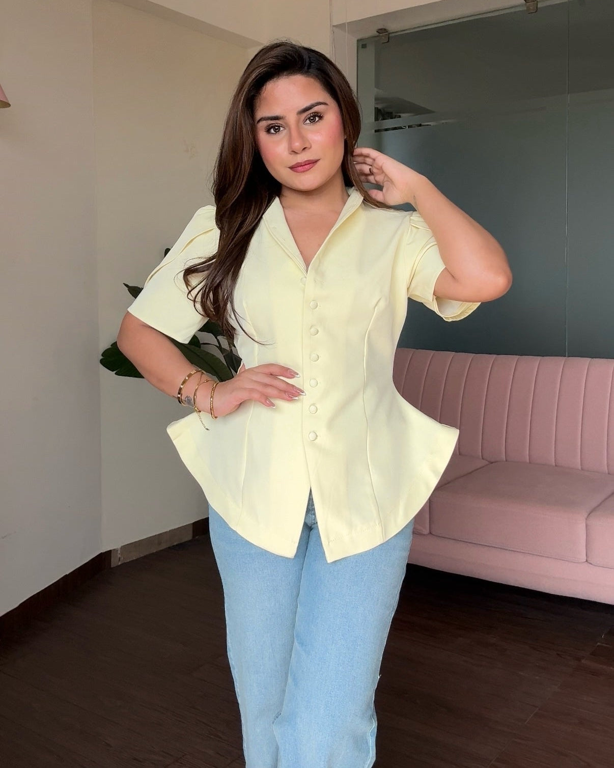 Puff Sleeve Button Up Fitted Blouse