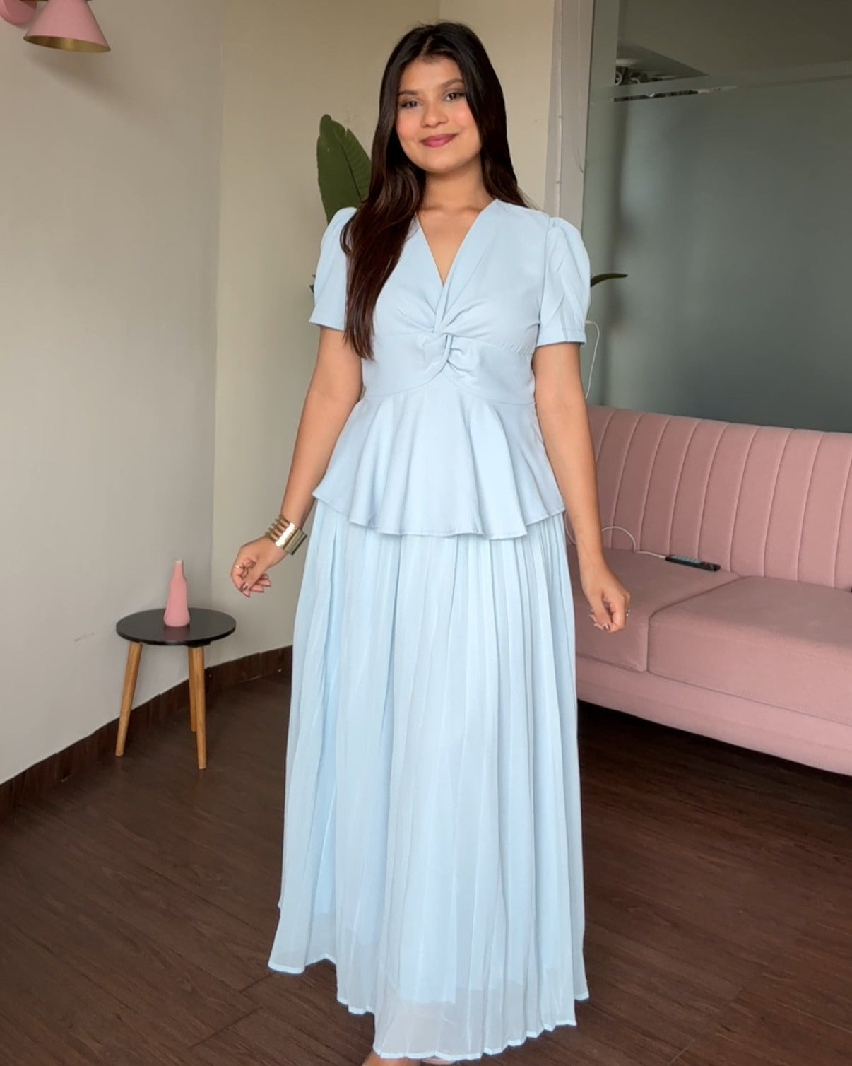 Puff Sleeve Knot Top With Pleated Skirt