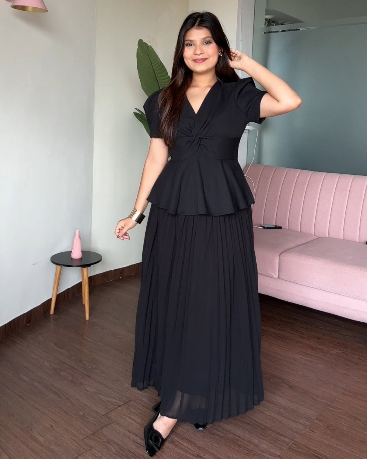 Puff Sleeve Knot Top With Pleated Skirt
