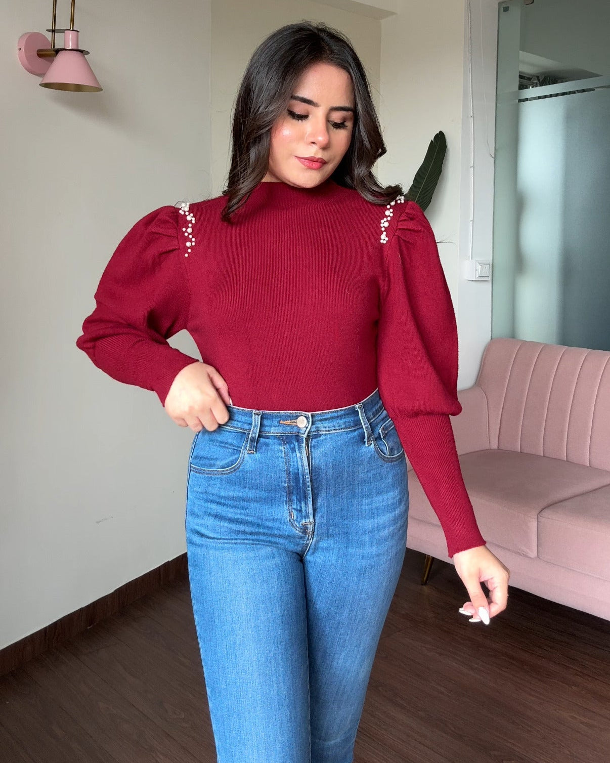 Puff Sleeve Pearl Embellished Sweater Top