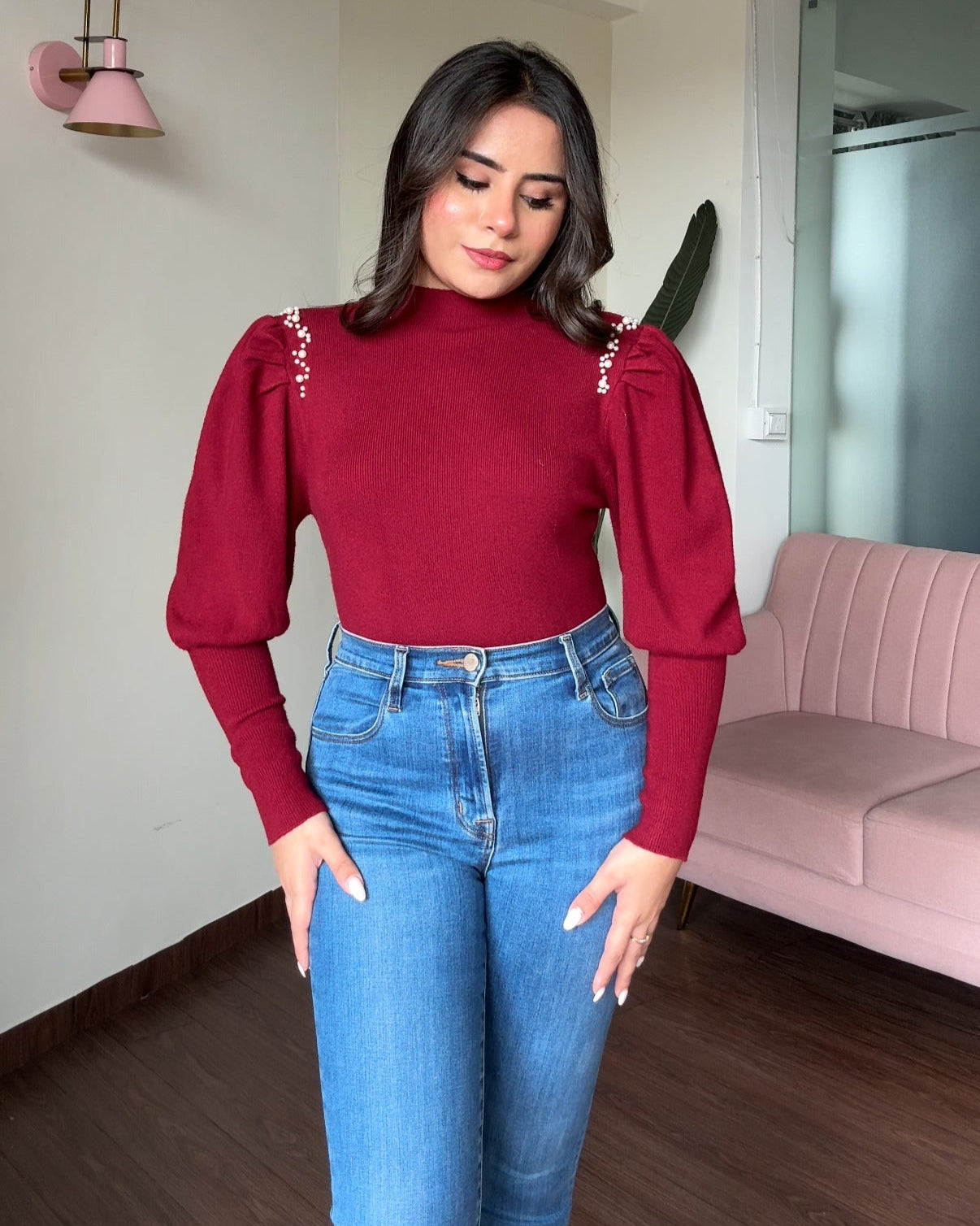 Puff Sleeve Pearl Embellished Sweater Top
