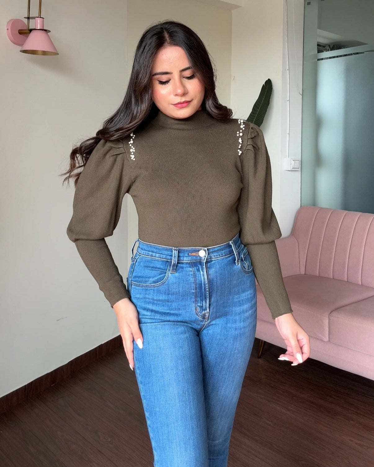 Puff Sleeve Pearl Embellished Sweater Top