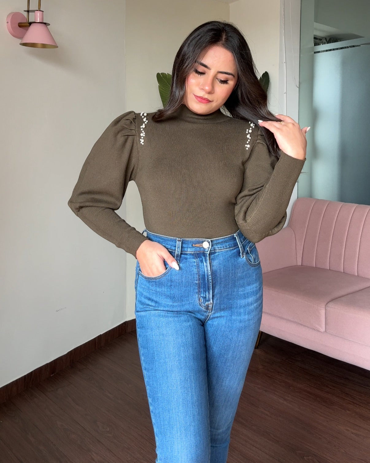 Puff Sleeve Pearl Embellished Sweater Top