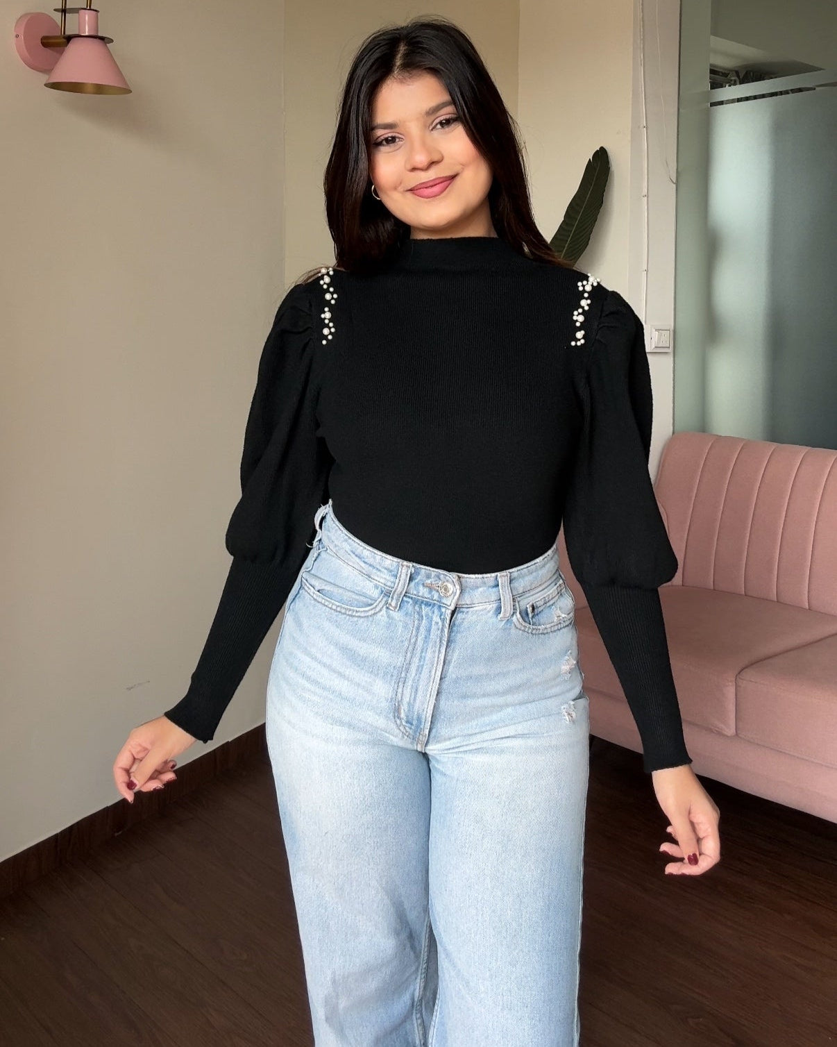 Puff Sleeve Pearl Embellished Sweater Top
