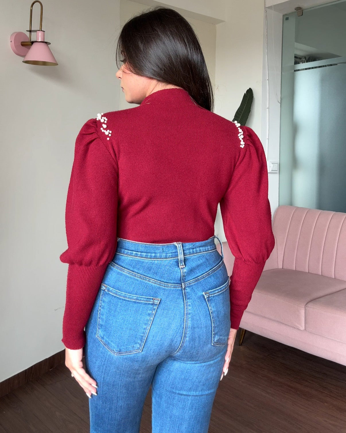 Puff Sleeve Pearl Embellished Sweater Top