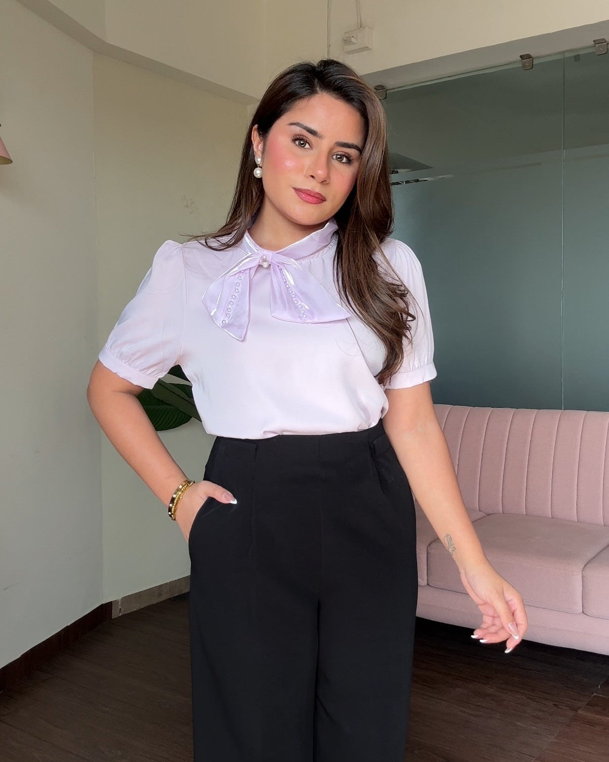 Puff Sleeve Satin Blouse With Pearl Bow Detailing