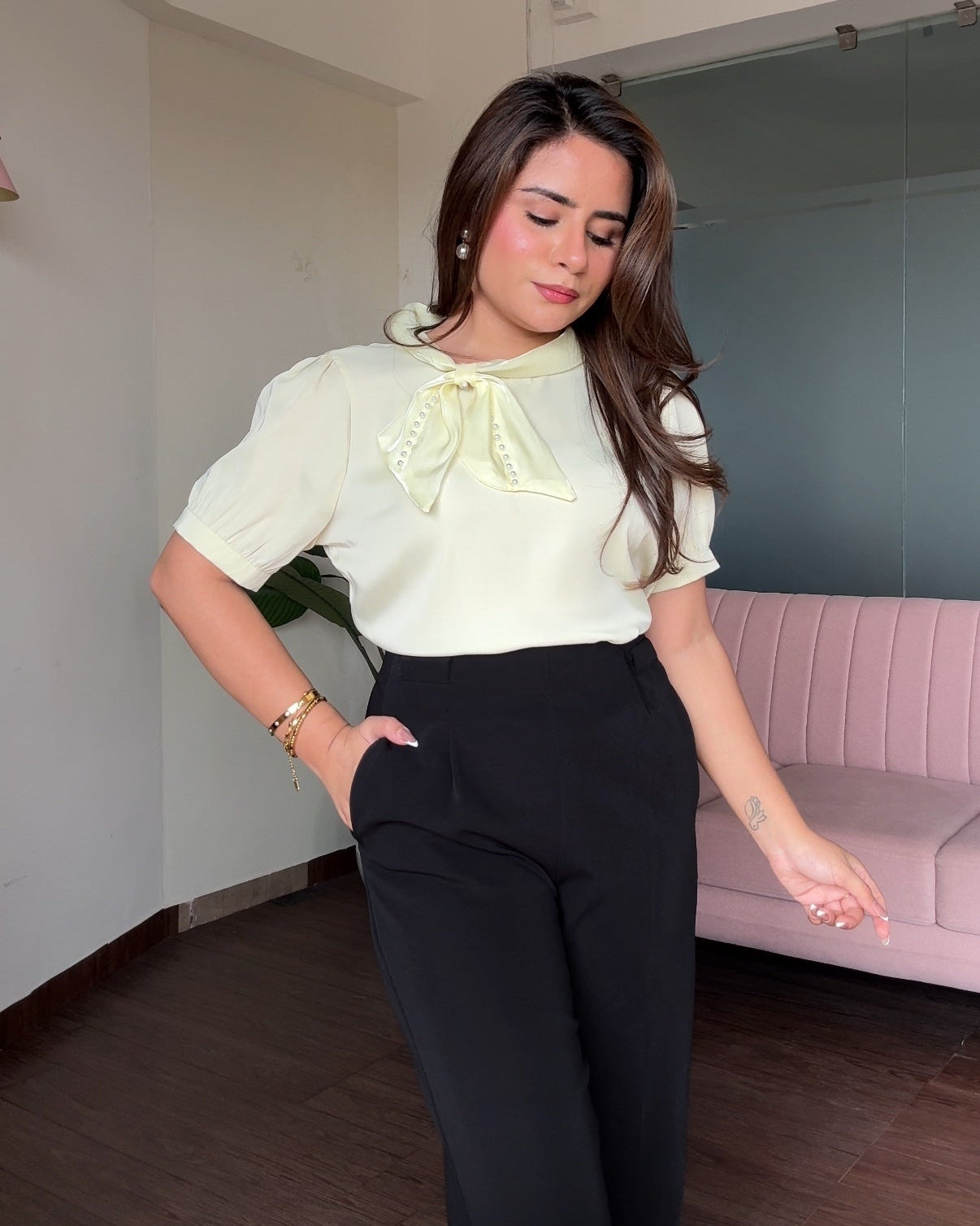 Puff Sleeve Satin Blouse With Pearl Bow Detailing