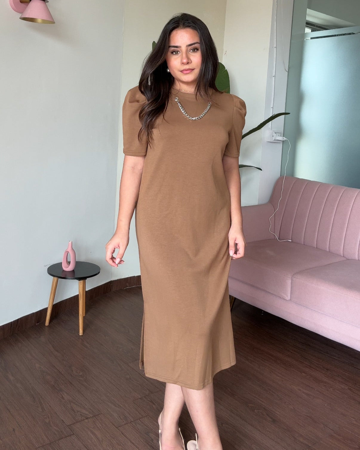 Puff Sleeve Straight Fit T-Shirt Dress With Chain