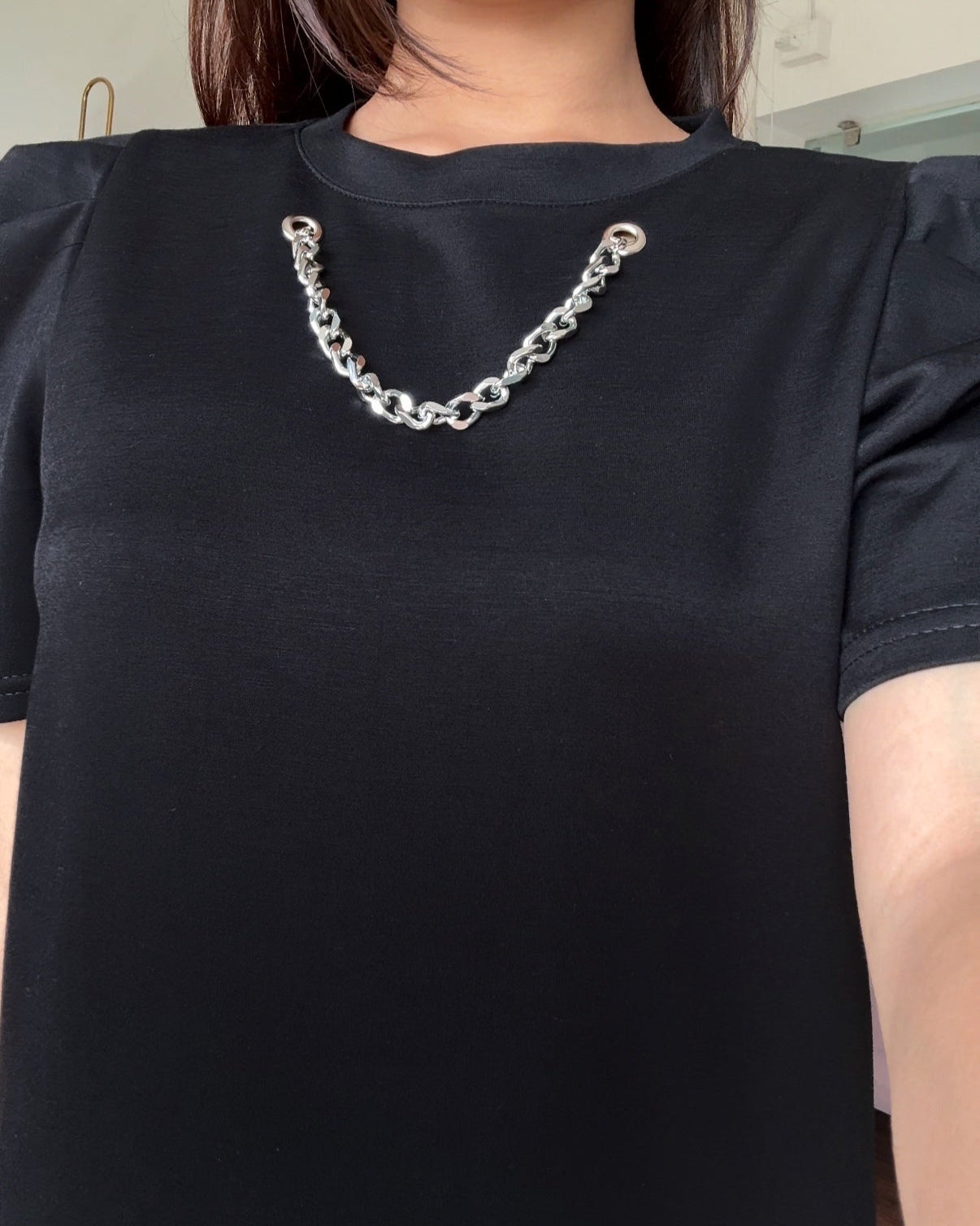 Puff Sleeve Straight Fit T-Shirt Dress With Chain