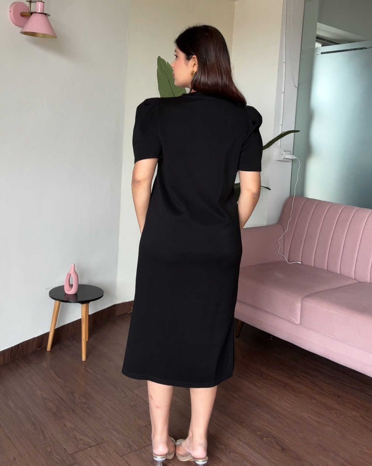 Puff Sleeve Straight Fit T-Shirt Dress With Chain