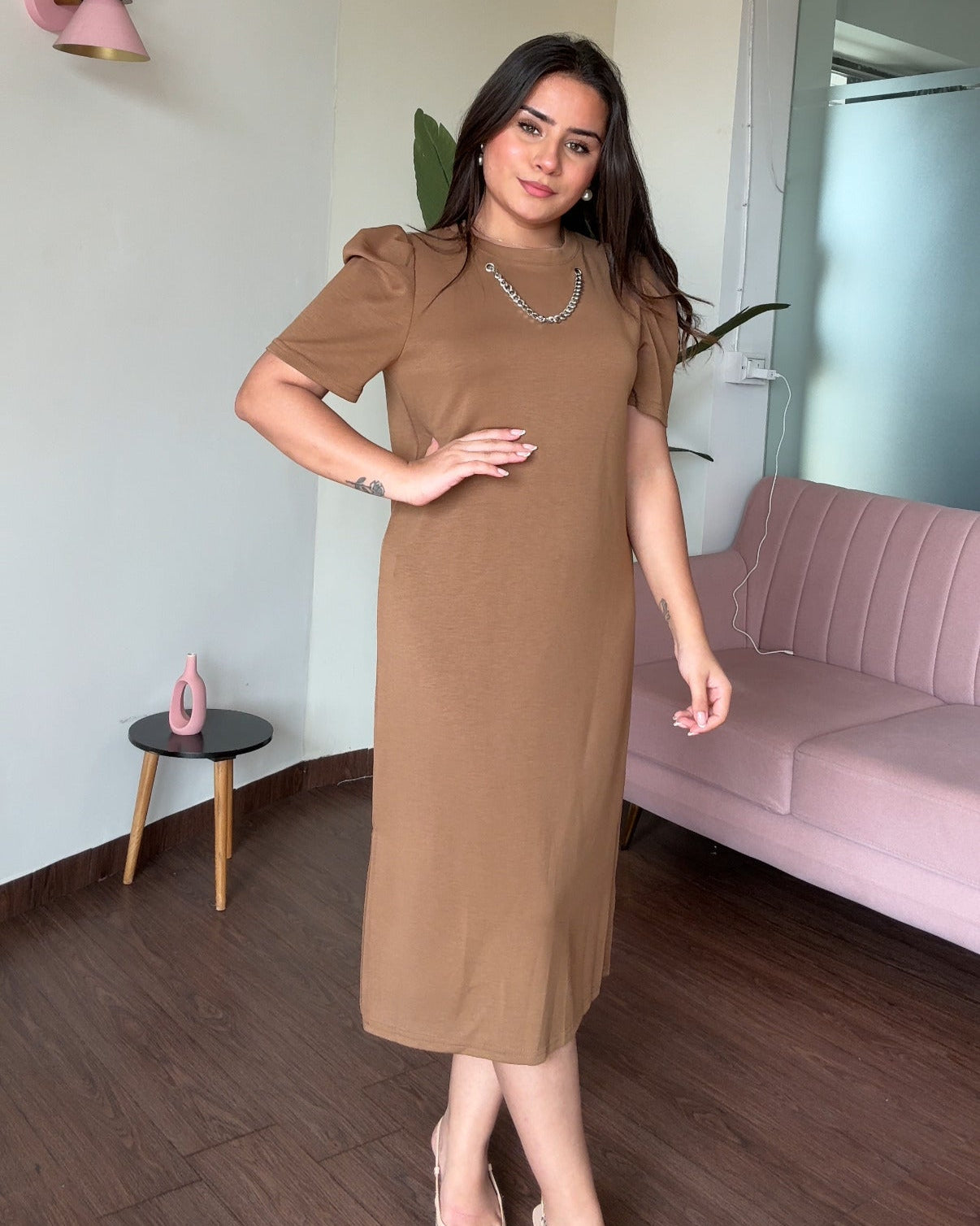 Puff Sleeve Straight Fit T-Shirt Dress With Chain