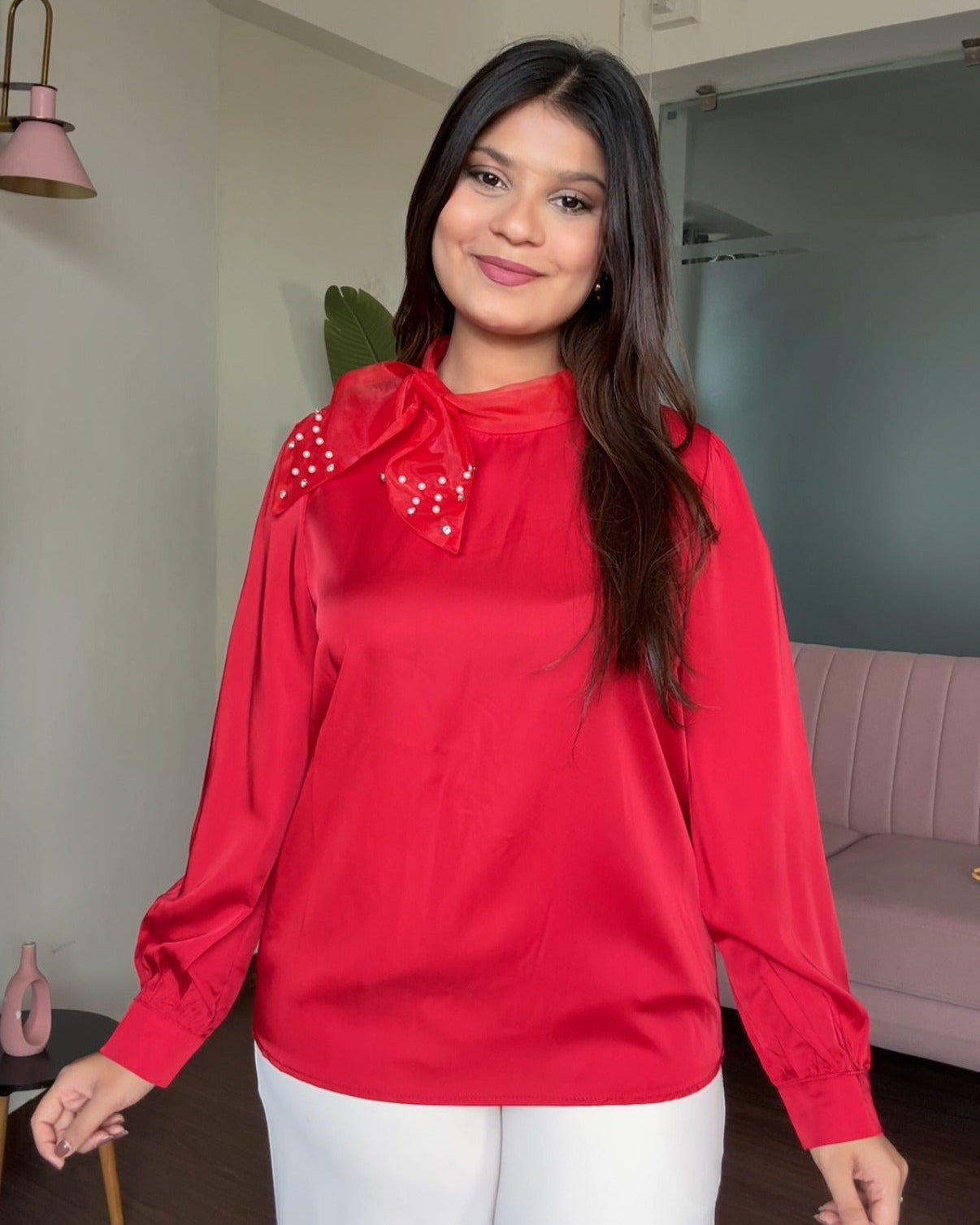 Red Bow Embellished Full Sleeves Satin Blouse