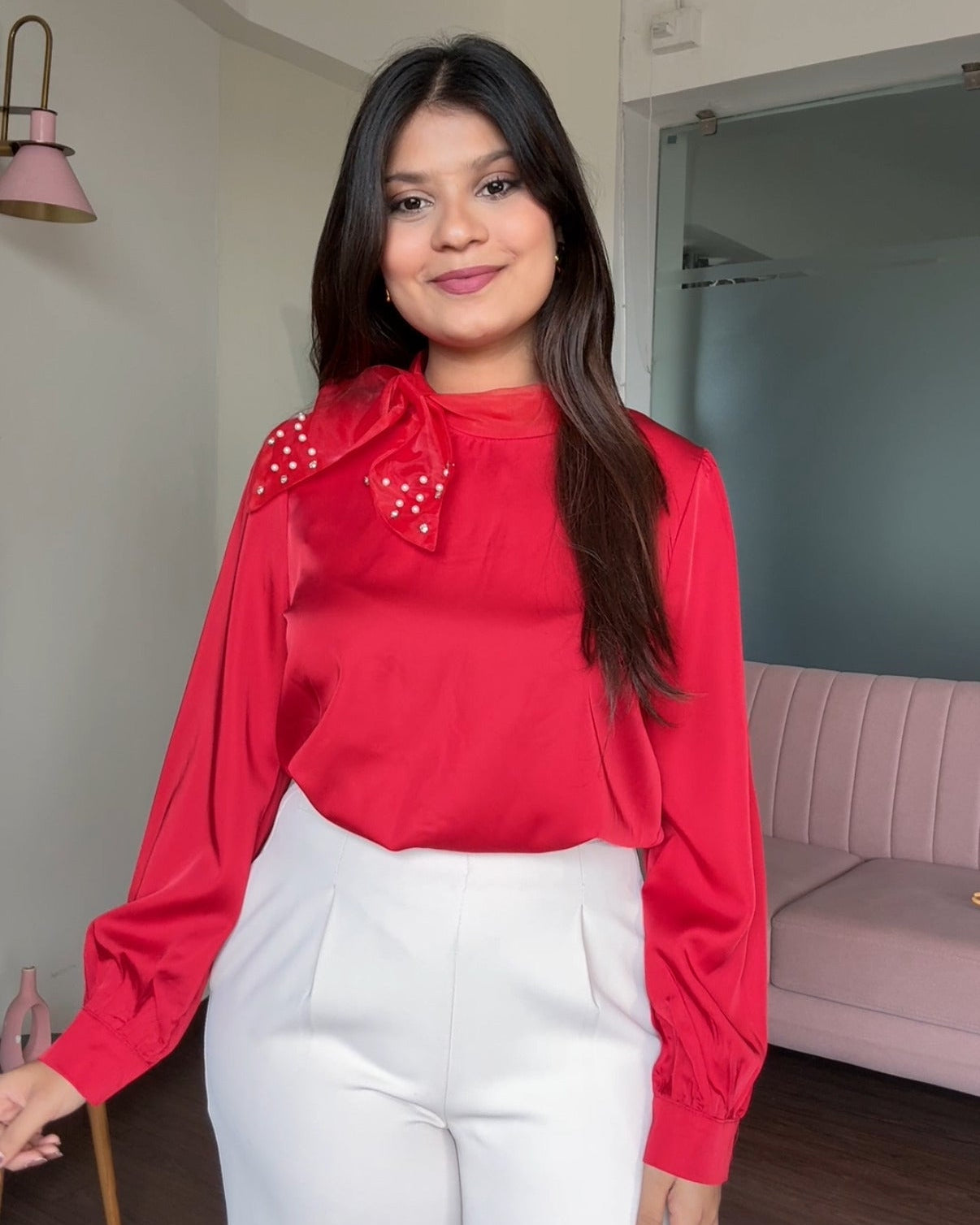 Red Bow Embellished Full Sleeves Satin Blouse