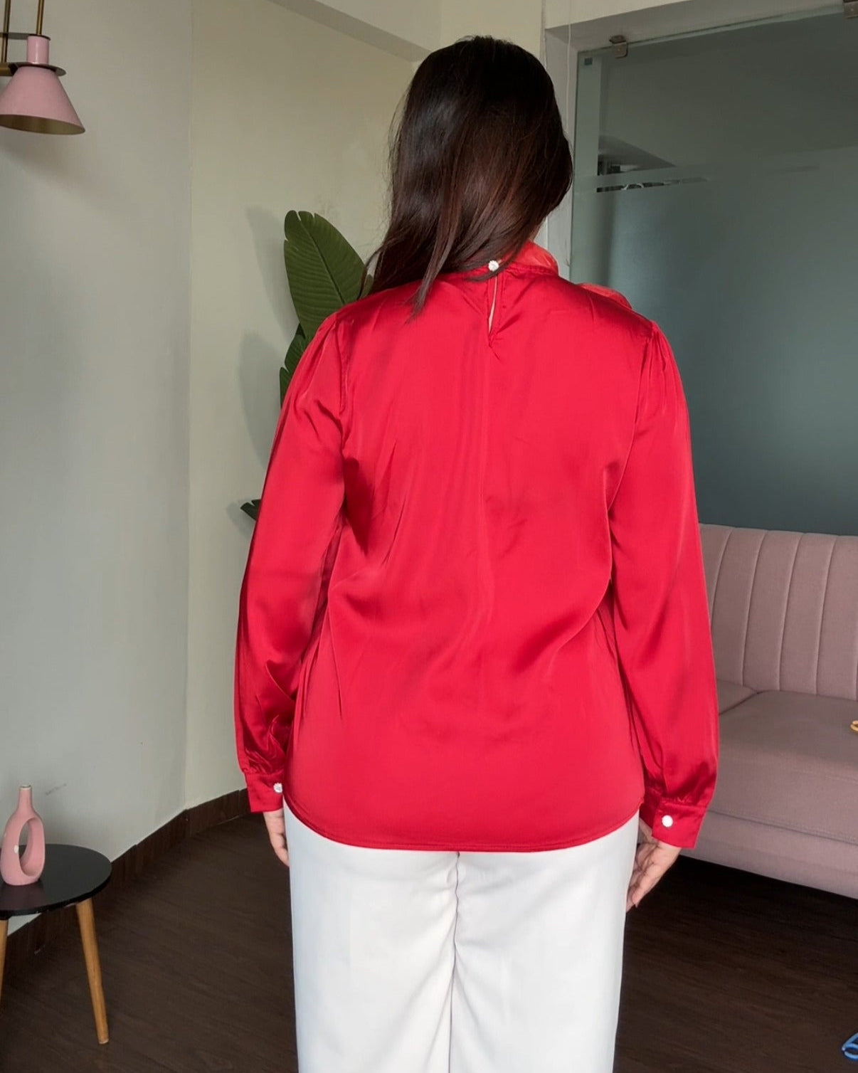 Red Bow Embellished Full Sleeves Satin Blouse