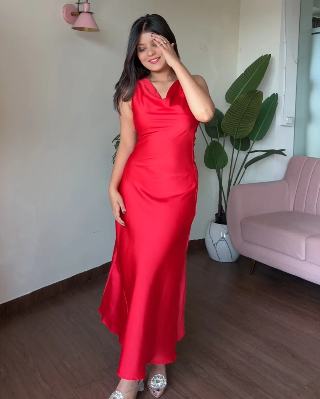 Red Cowl Neck Midi Low Back Dress