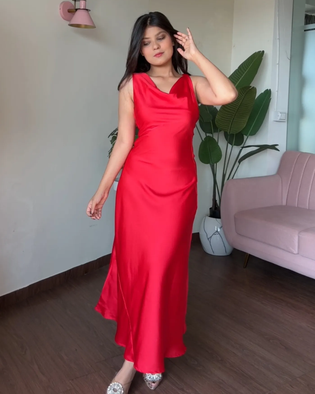 Red Cowl Neck Midi Low Back Dress