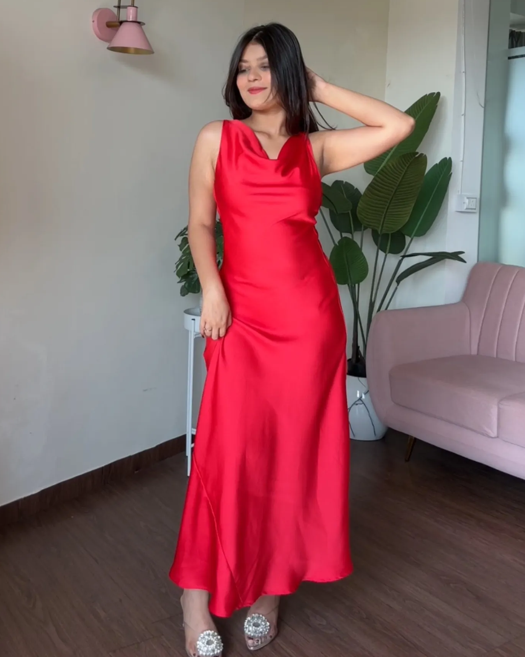 Red Cowl Neck Midi Low Back Dress