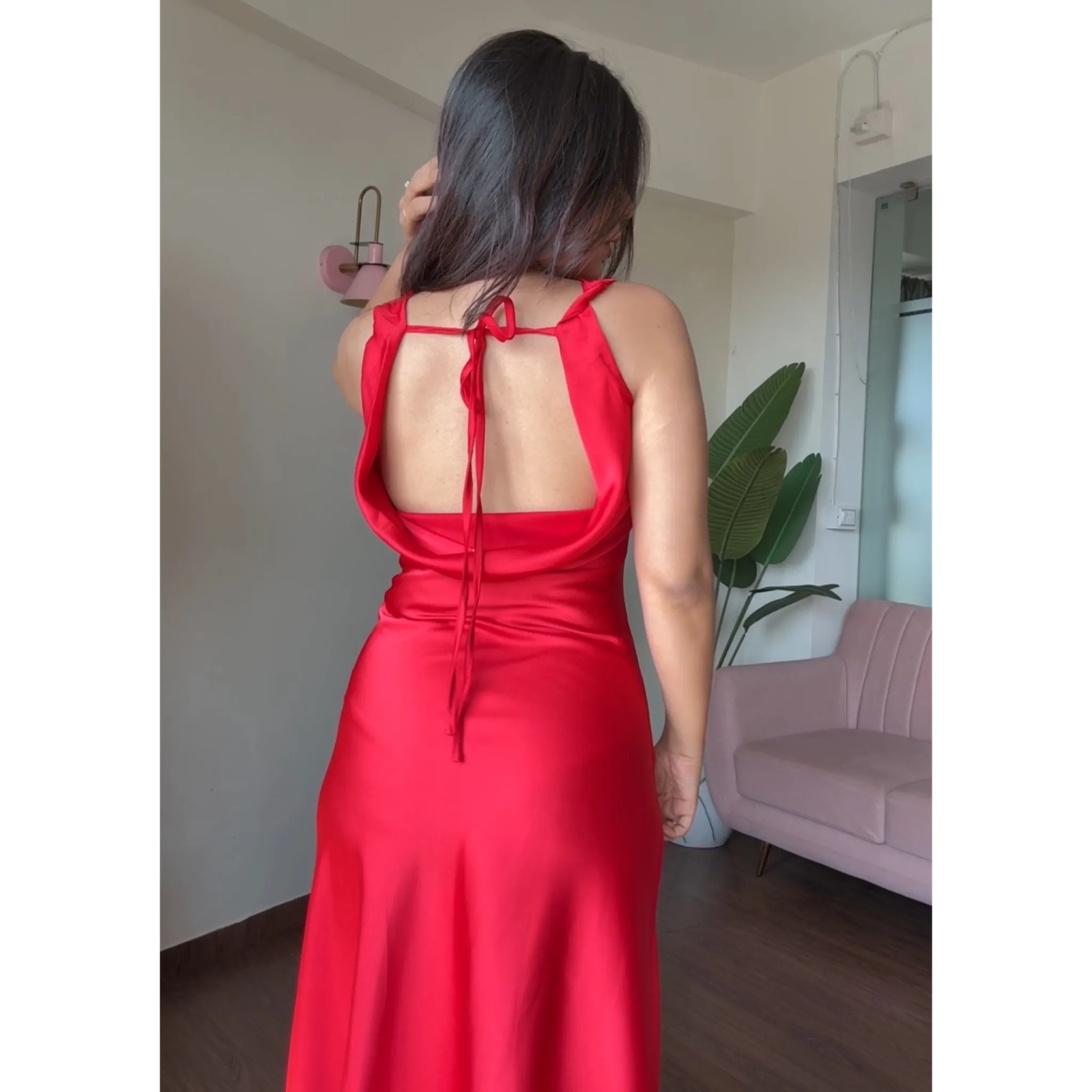 Red Cowl Neck Midi Low Back Dress