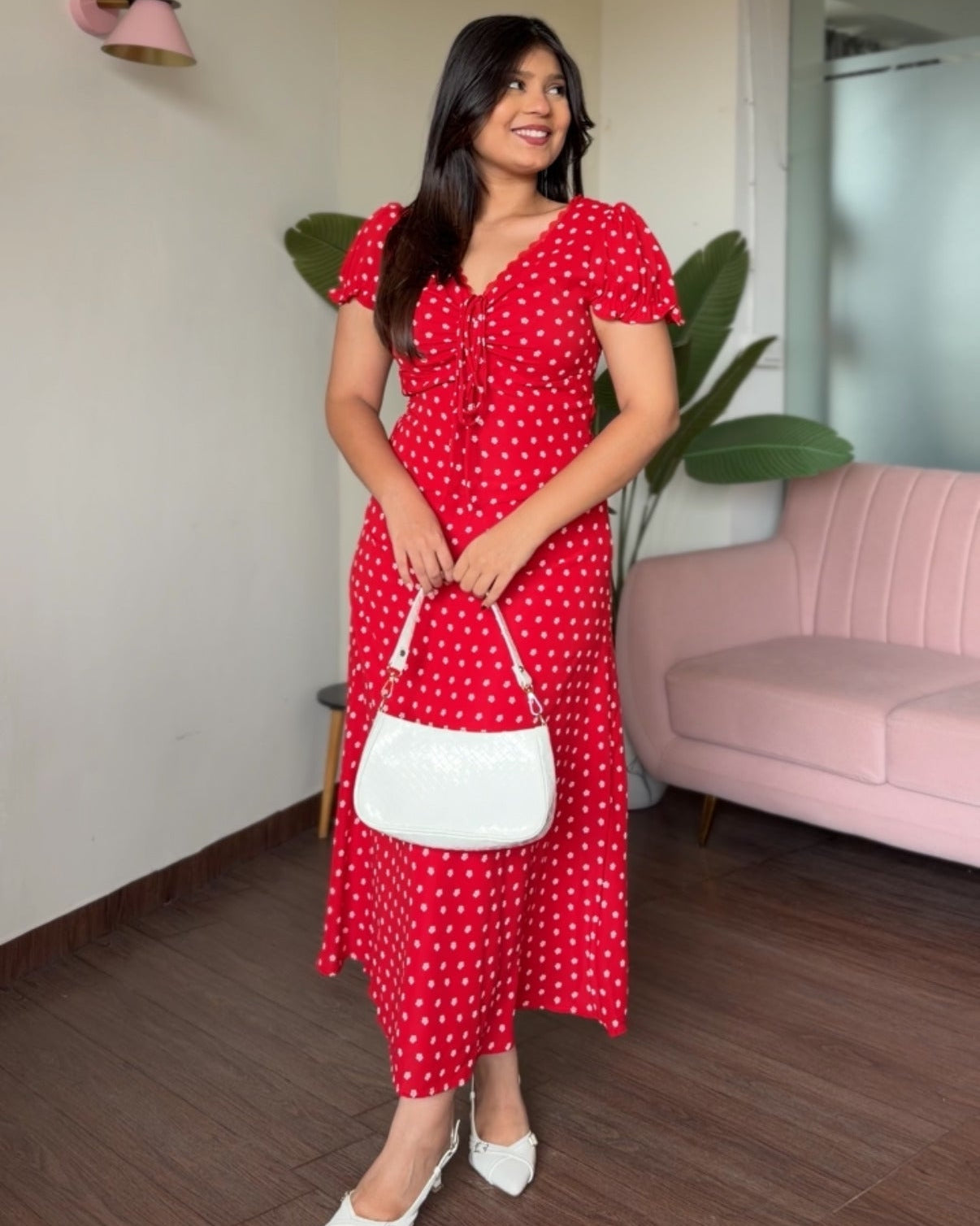 Red Floral Detailing Sweetheart Neckline Summer Dress