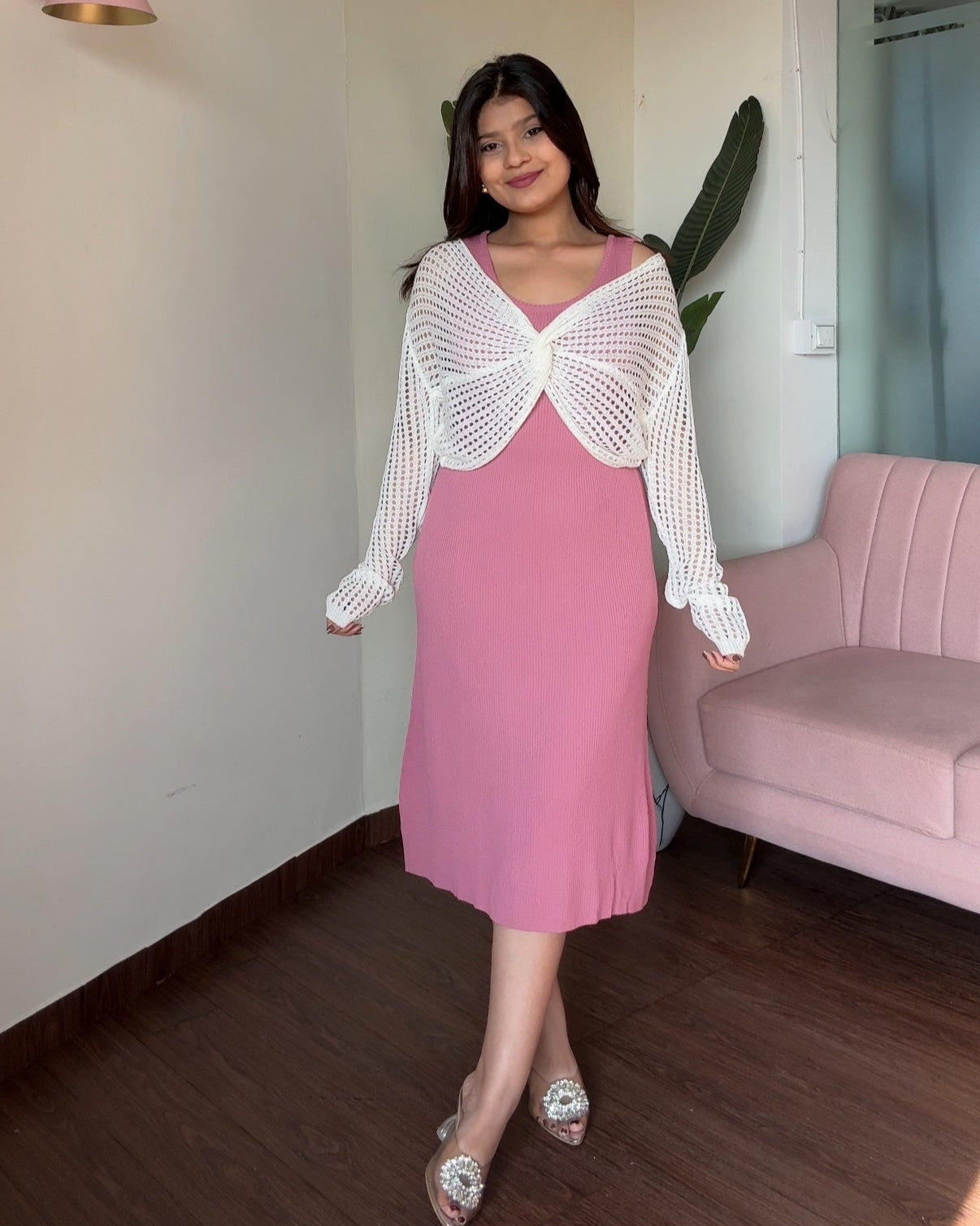 Relaxed Fit Midi Dress With Crochet Knot Pullover