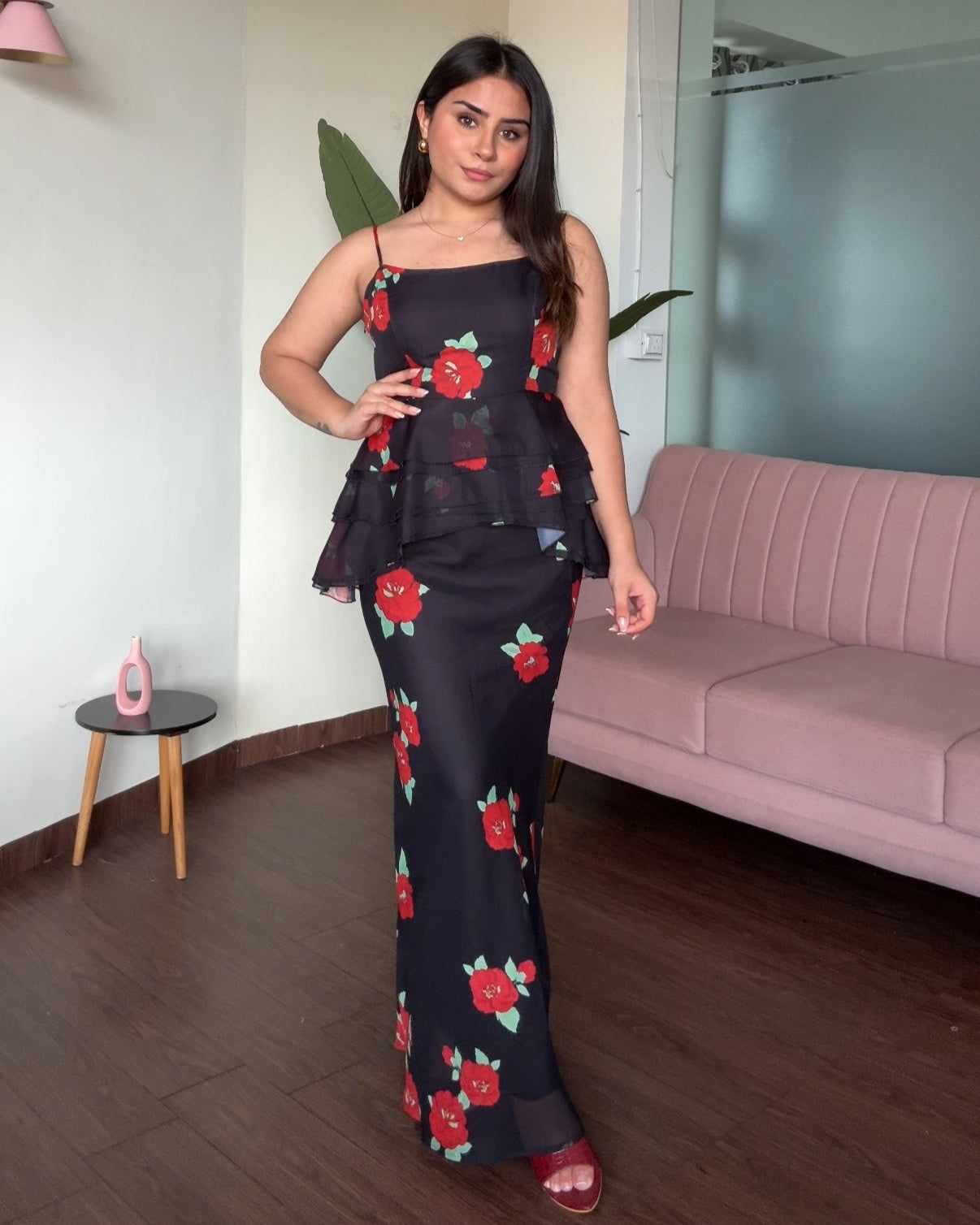 Rose Peplum Top Maxi Skirt Set