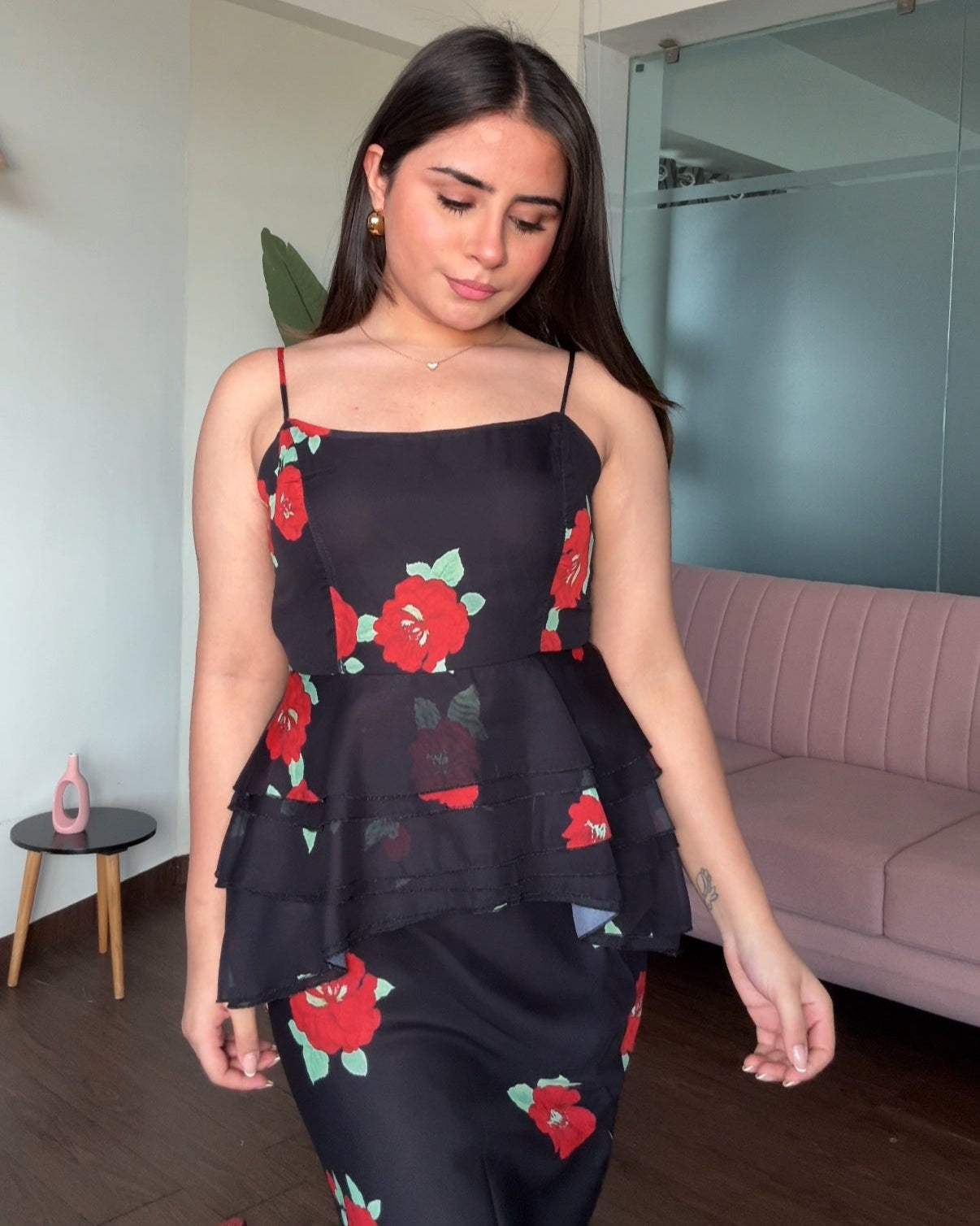 Rose Peplum Top Maxi Skirt Set