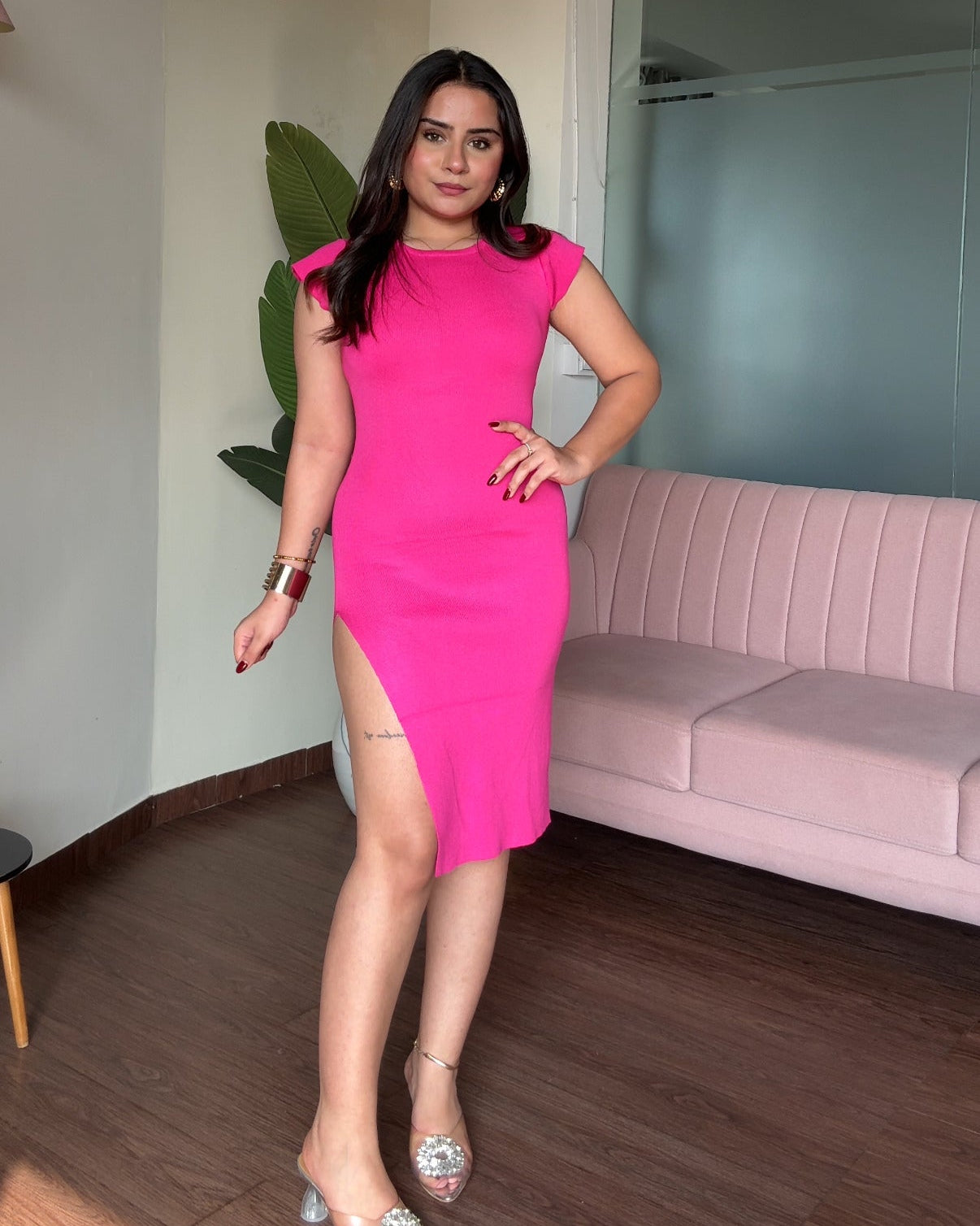 Round Neck Bodycon Dress With High Slit