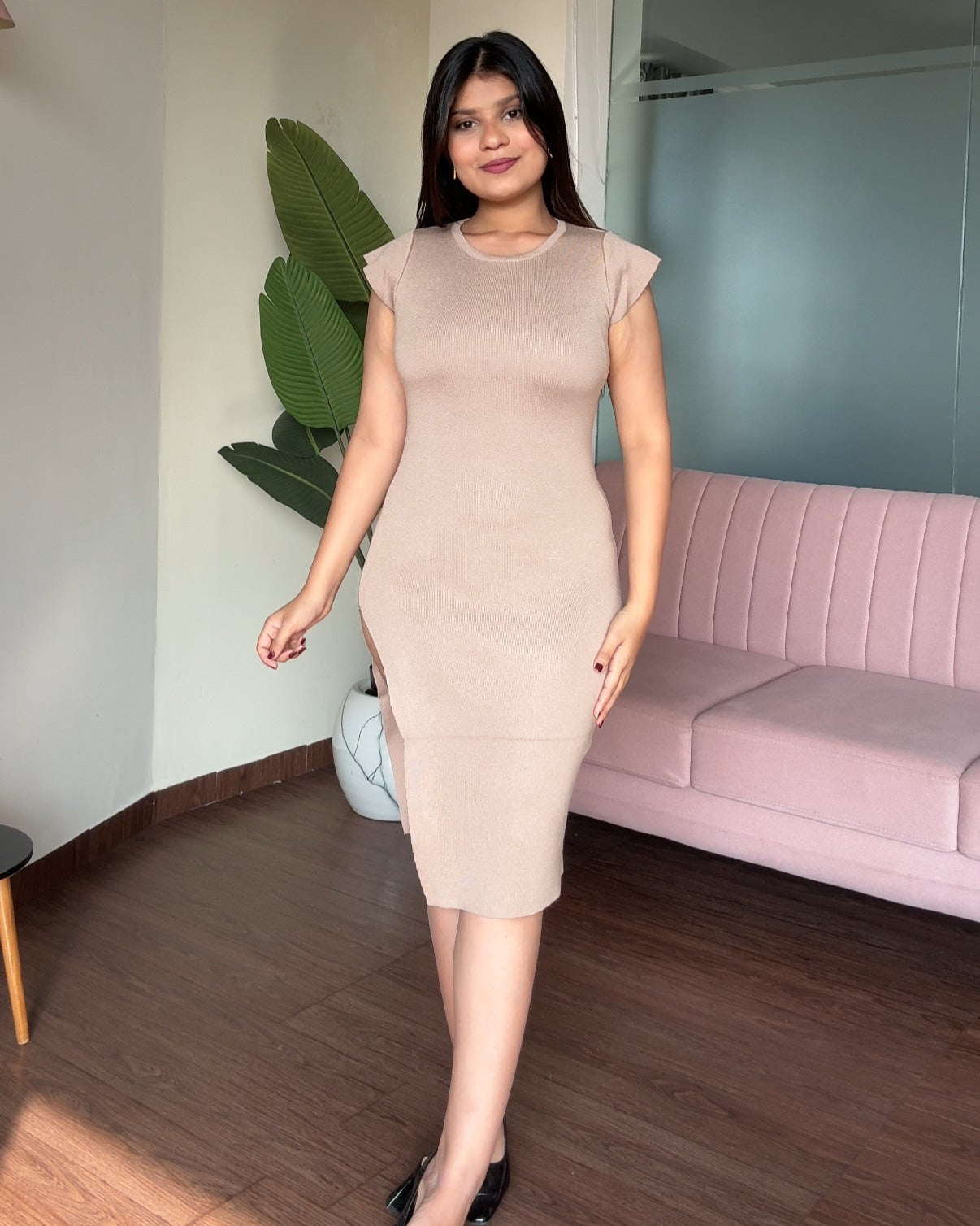 Round Neck Bodycon Dress With High Slit