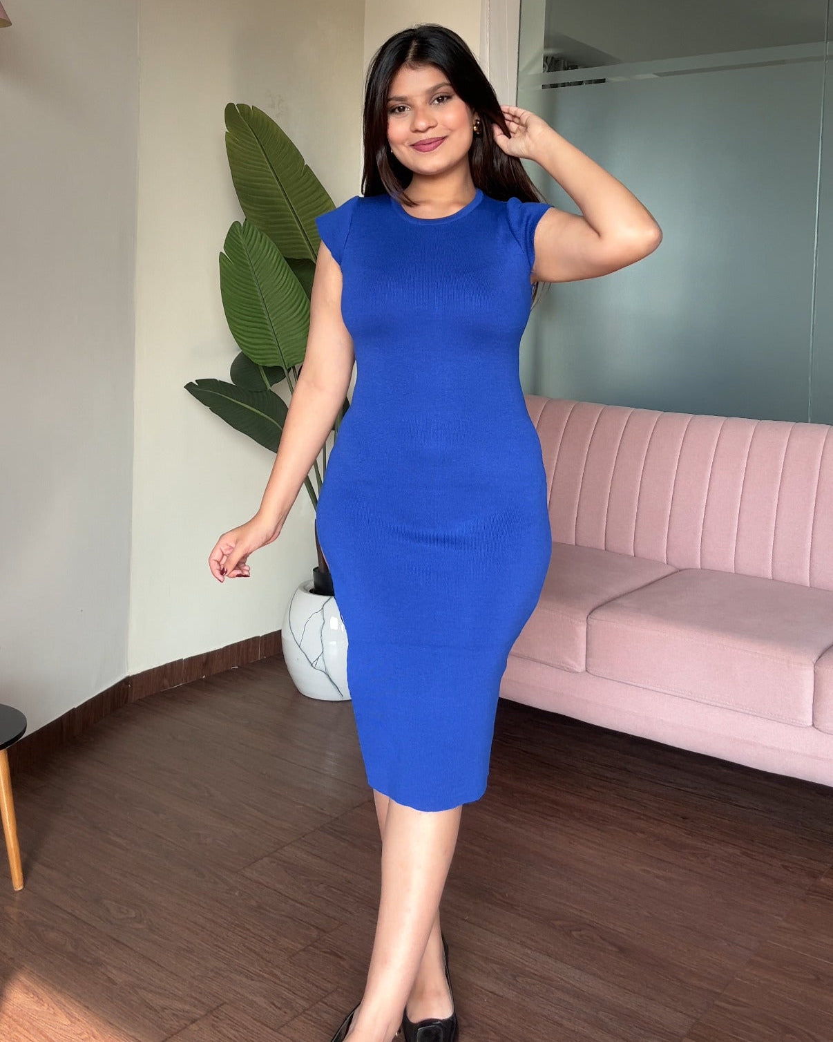 Round Neck Bodycon Dress With High Slit
