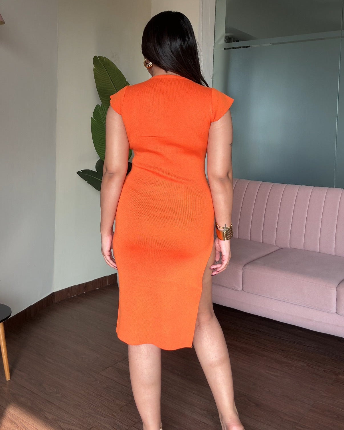 Round Neck Bodycon Dress With High Slit