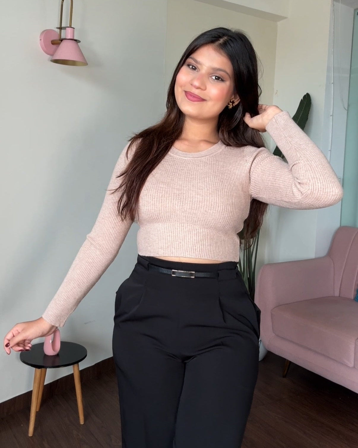 Round Neck Ribbed Knitted Cropped Top