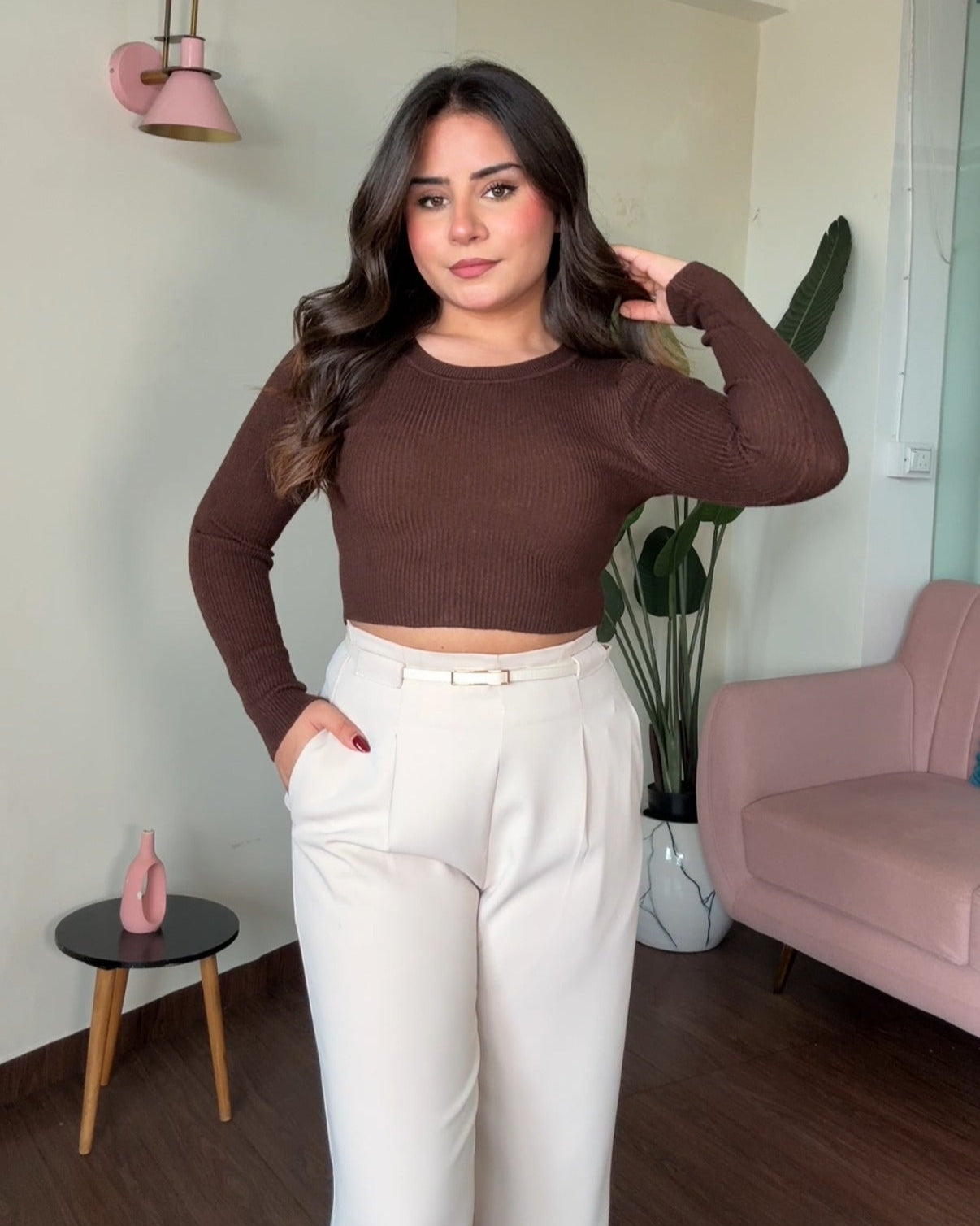 Round Neck Ribbed Knitted Cropped Top