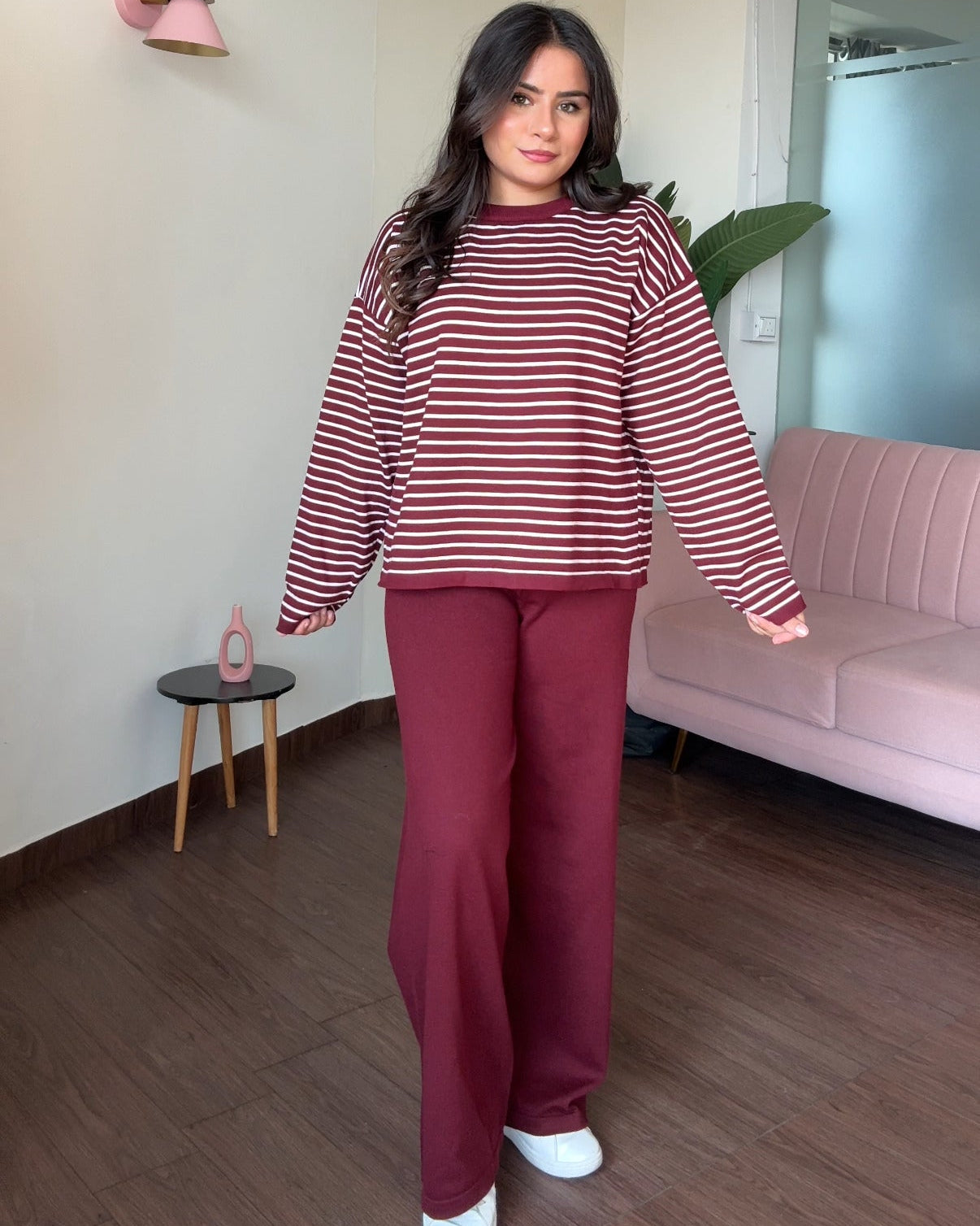 Round Neck Striped Knitted Co-ord Set