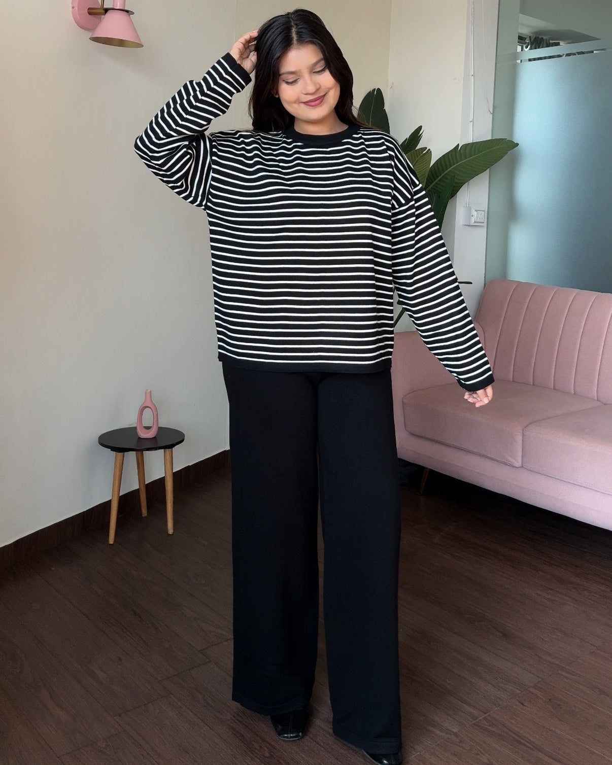 Round Neck Striped Knitted Co-ord Set