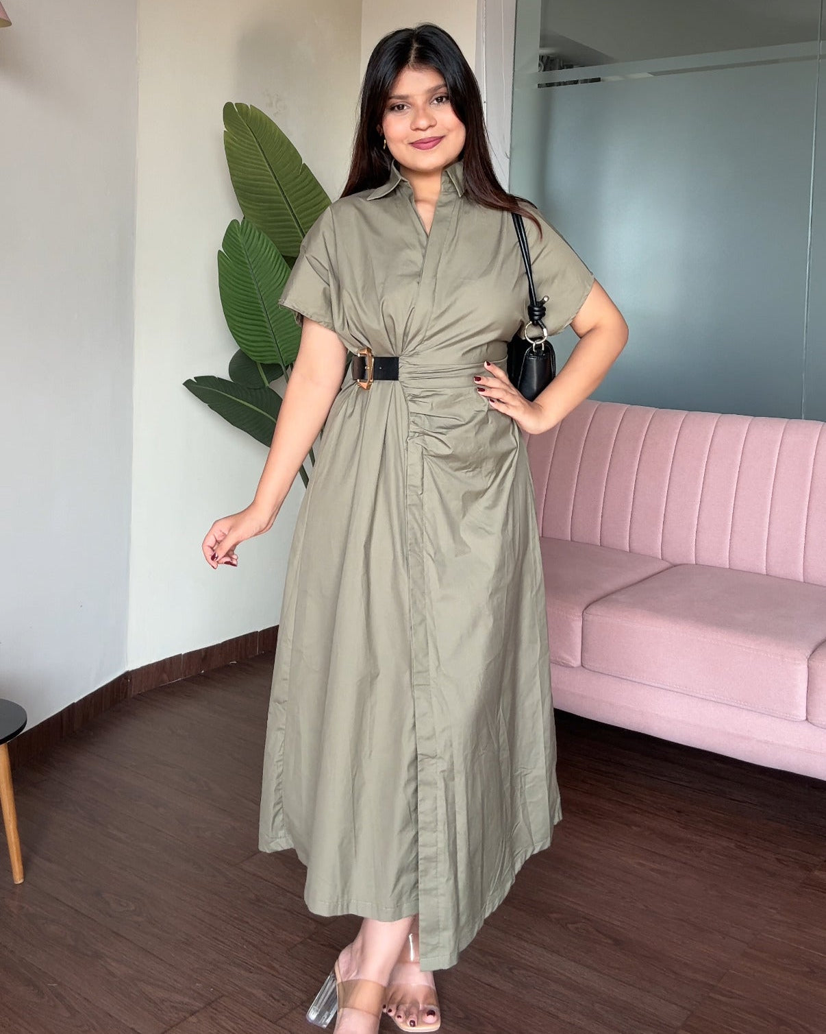 Ruched Belted Shirt Dress