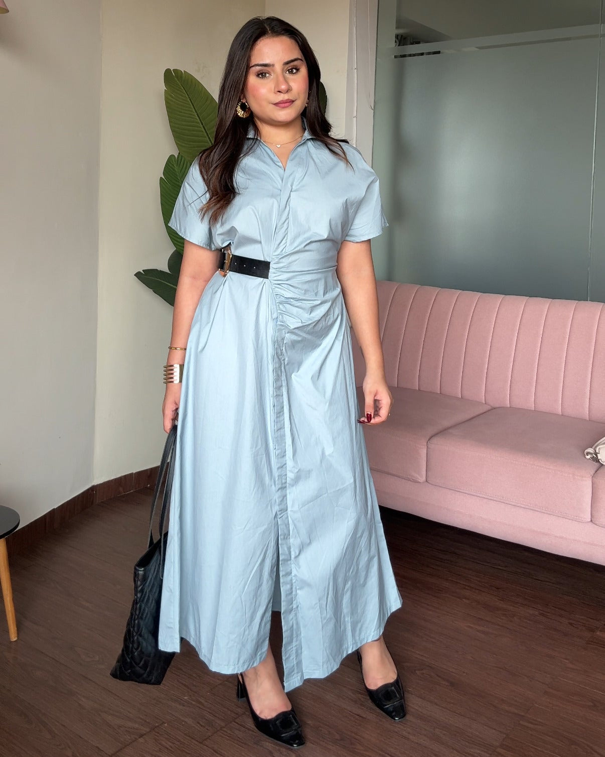 Ruched Belted Shirt Dress