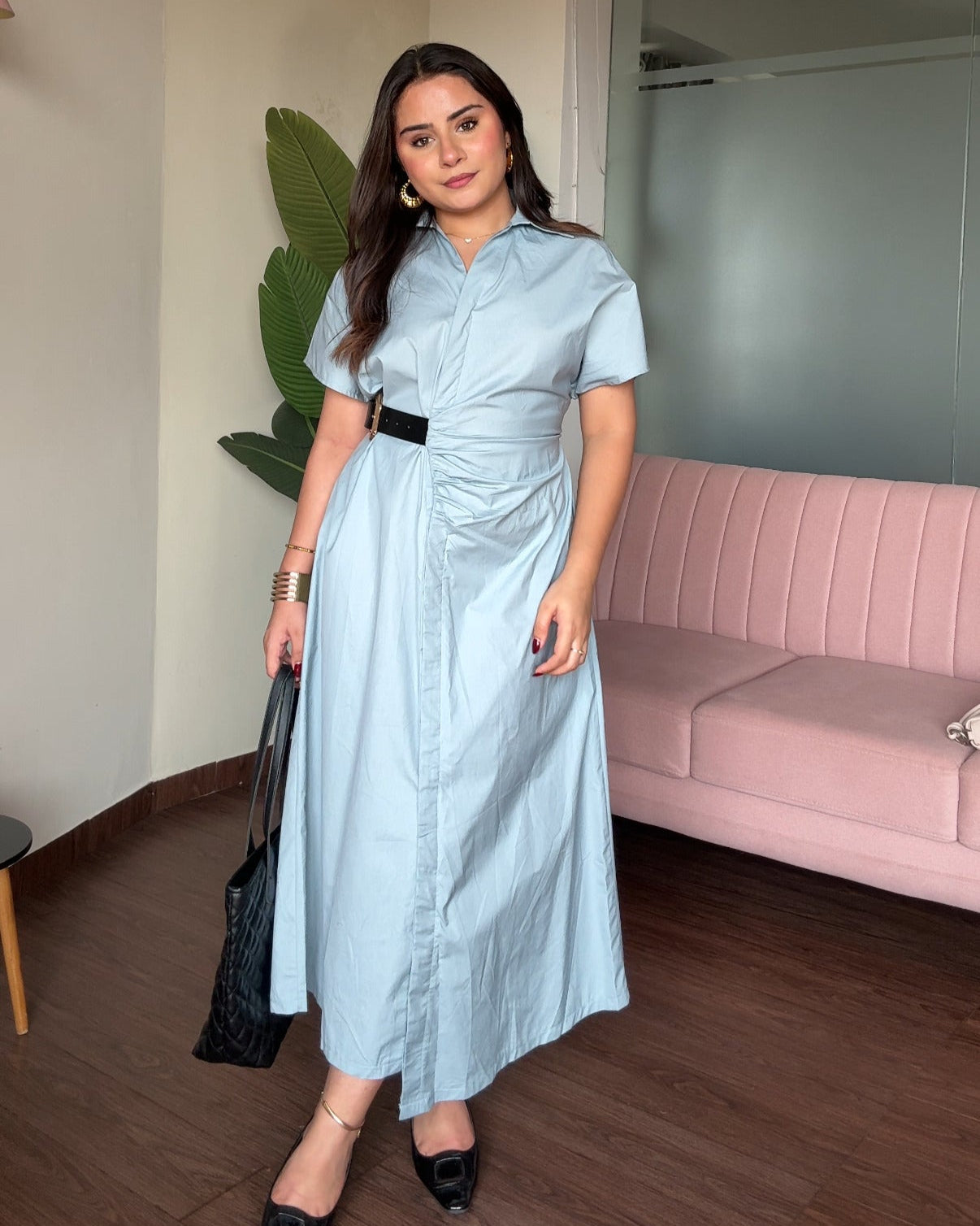 Ruched Belted Shirt Dress