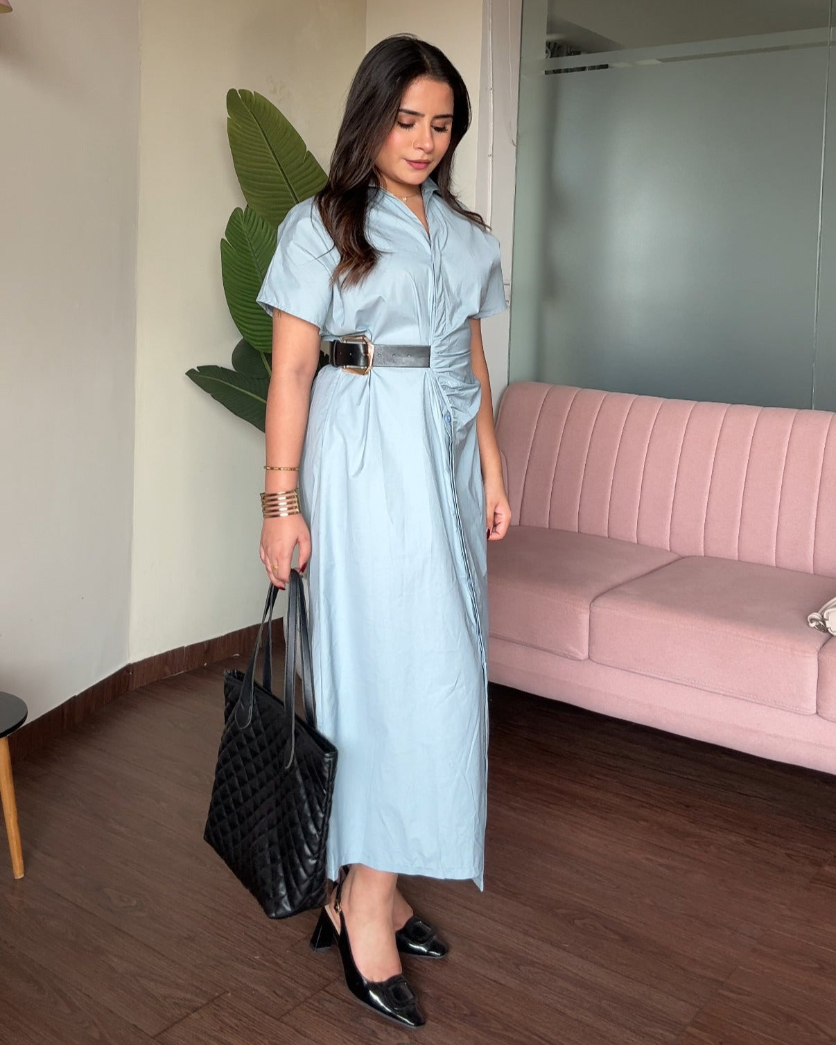 Ruched Belted Shirt Dress