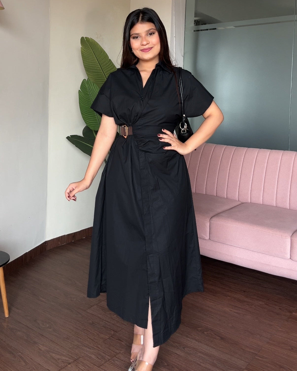Ruched Belted Shirt Dress